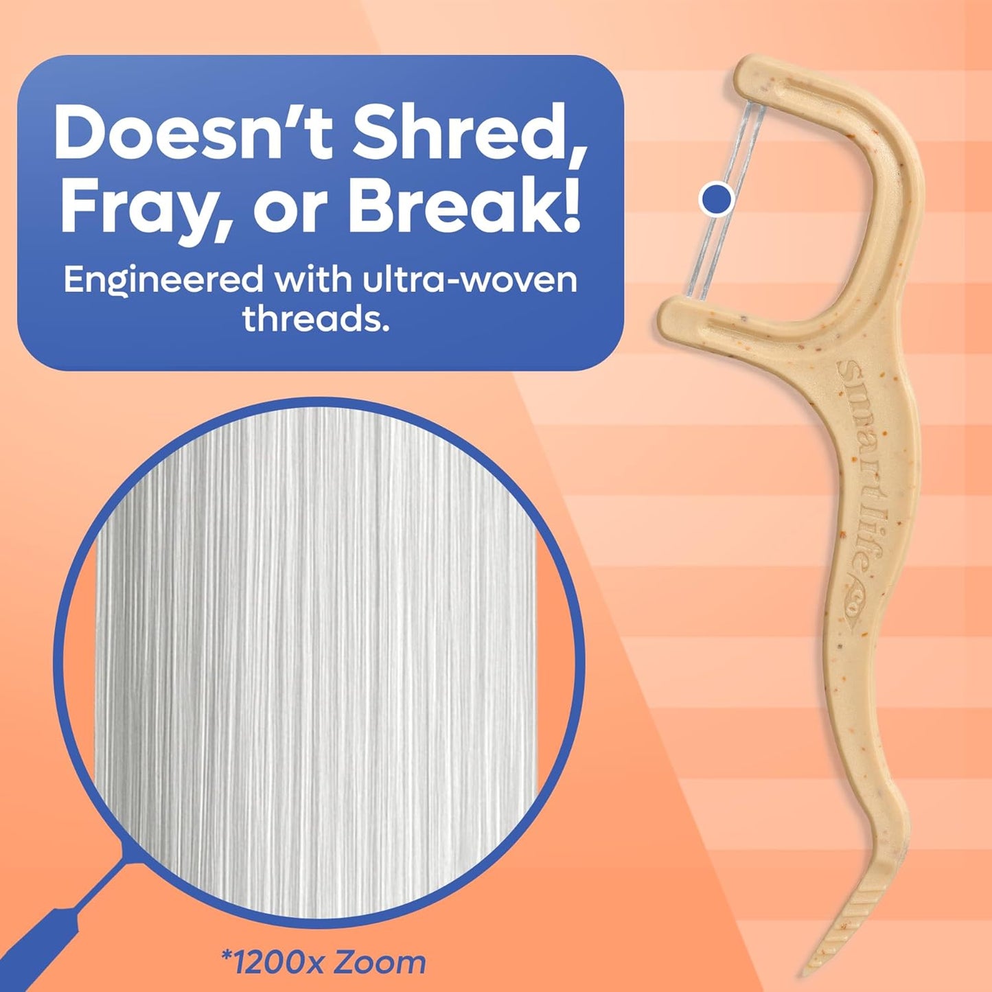 SmartLifeco Eco-Friendly Dual-Thread Dental Floss Picks (200ct) - Flossers Made with Straw Wheat Blend, Proven Anti-Shred for Tight Gaps, Tooth Pick Stick for Adults, Soft on Gum & Teeth, Unflavored