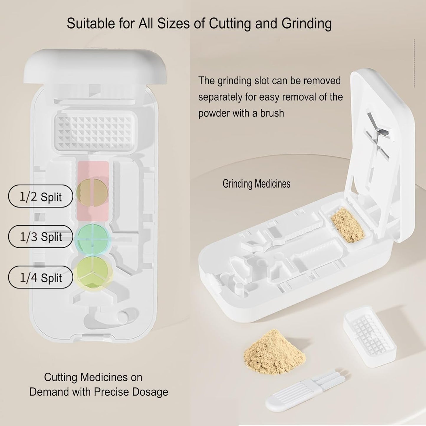 Precision Pill Cutter with Centering Guide - Multi-Angle Tablet Splitter for 1/2, 1/3 & 1/4 Cuts, Includes Pill Crusher & Storage Compartment (Green)