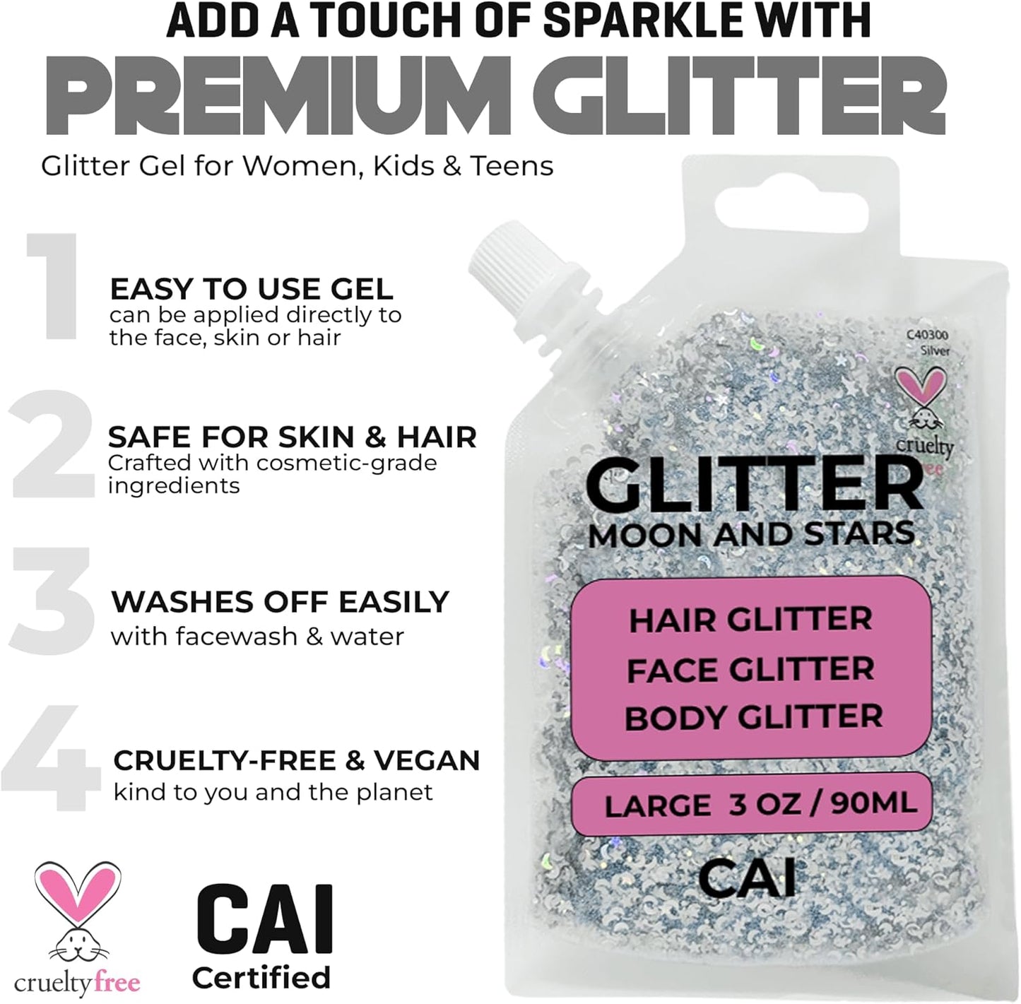 Face, Body & Hair Glitter Gel – Halloween Glitter for Kids and Women – 3 Oz Cosmetic-Grade Gel w/Moon & Stars for Festivals & Halloween Party, Easy Apply & Wash Off - Red 2Pack