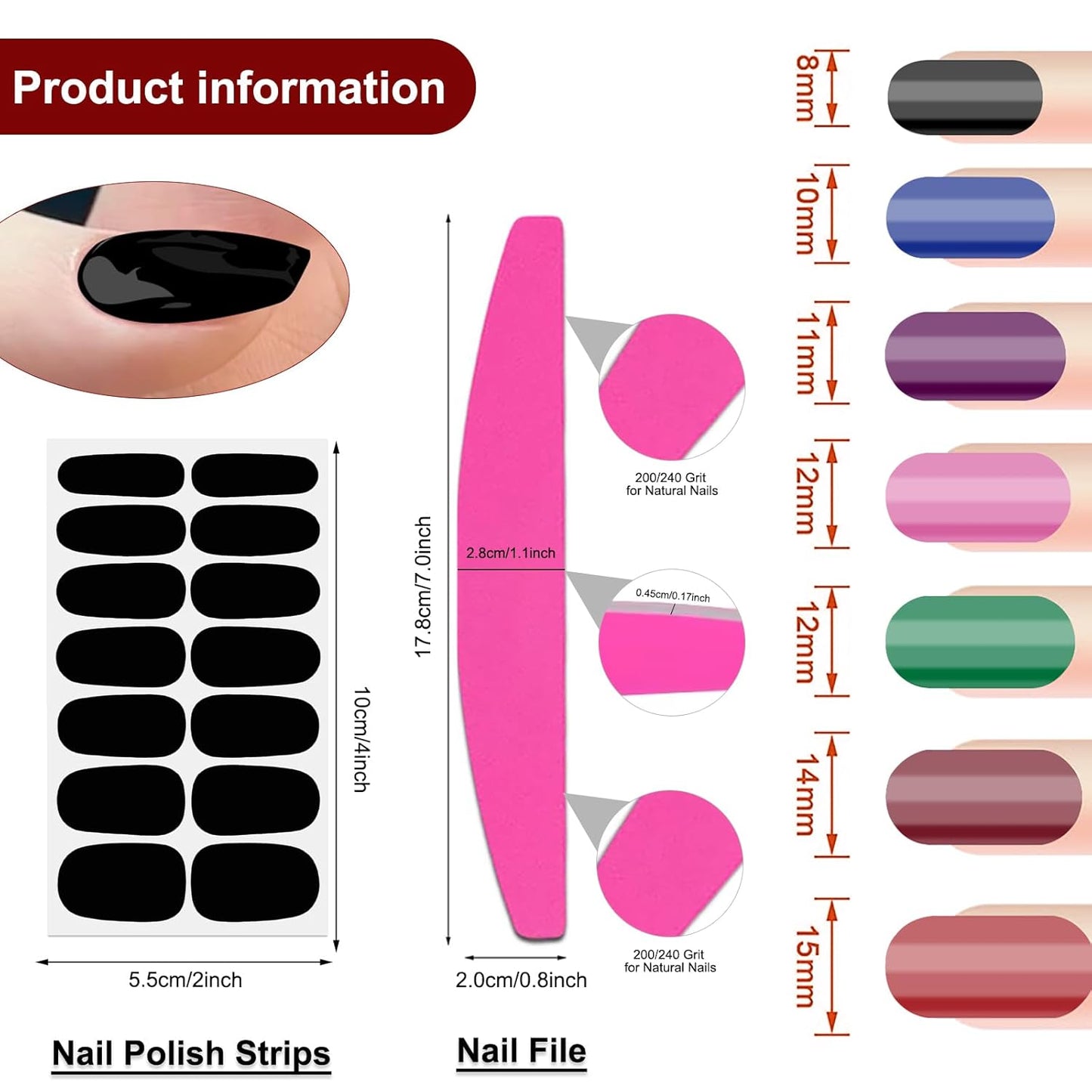 SILPECWEE Gel Nail Stickers (16 Sheets, Dark Solid Color), Full Nail Wraps for Women Self Adhesive Nail Polish Strips Gel Strips Fingernail Stickers Manicure Decoration with File