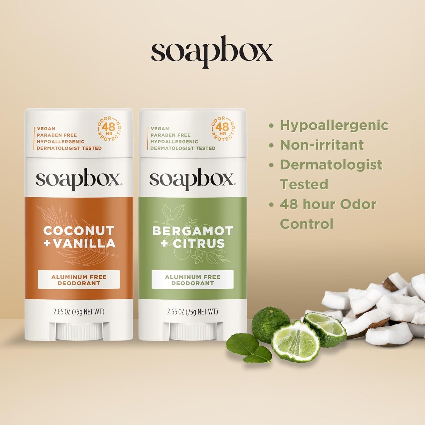 Soapbox Aluminum Free Deodorant, Bergamot & Citrus Scented Deodorant, Scented Aluminum-Free Natural Deodorants, 2.65oz