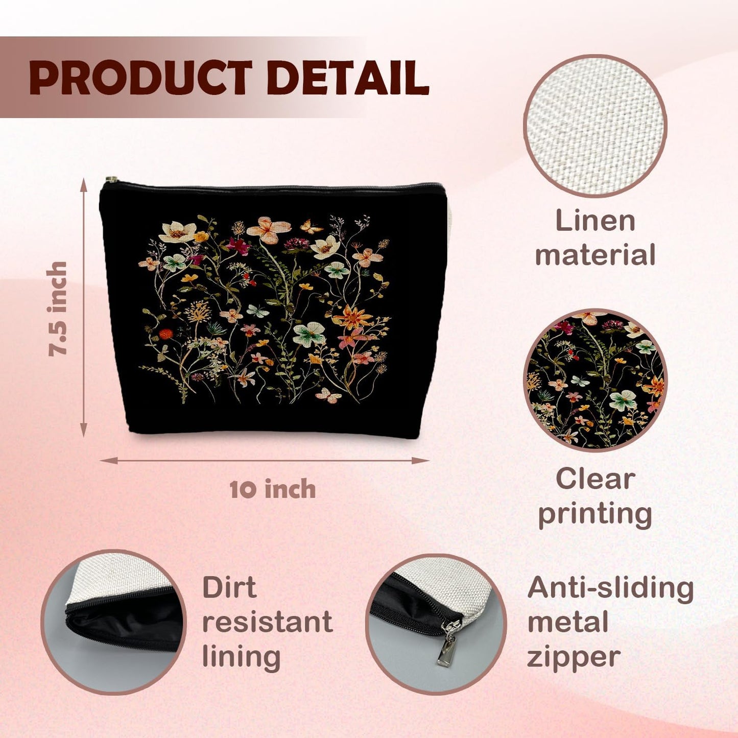 Black Floral Makeup Bag - Small Flower Zipper Cosmetic Bag for Women & Girls