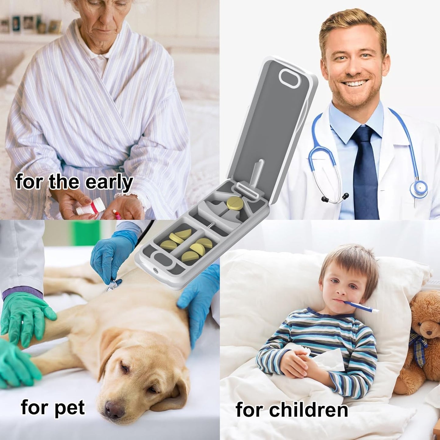 Pill Cutter with Auto Centering Device, Aluminum Pill Splitter with 316L Stainless Blade, Genuine Leather Case, Professional Pill Splitter for Cutting Small Pills or Large Pills(Plastic,White)