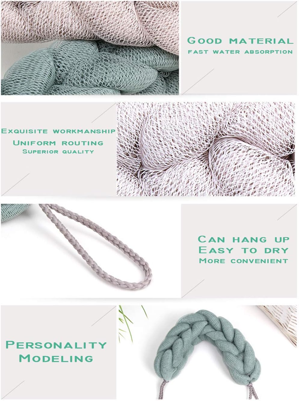 AARainbow 4 Packs Long Stretch Back Sponge with Rope Handles Back Scrubber Bath Shower Mesh Sponge Exfoliating Body Scrub Stretch Braided Loofah for Men and Women (1 White+1 Grey+1 Pink+1 Lotus Pink
