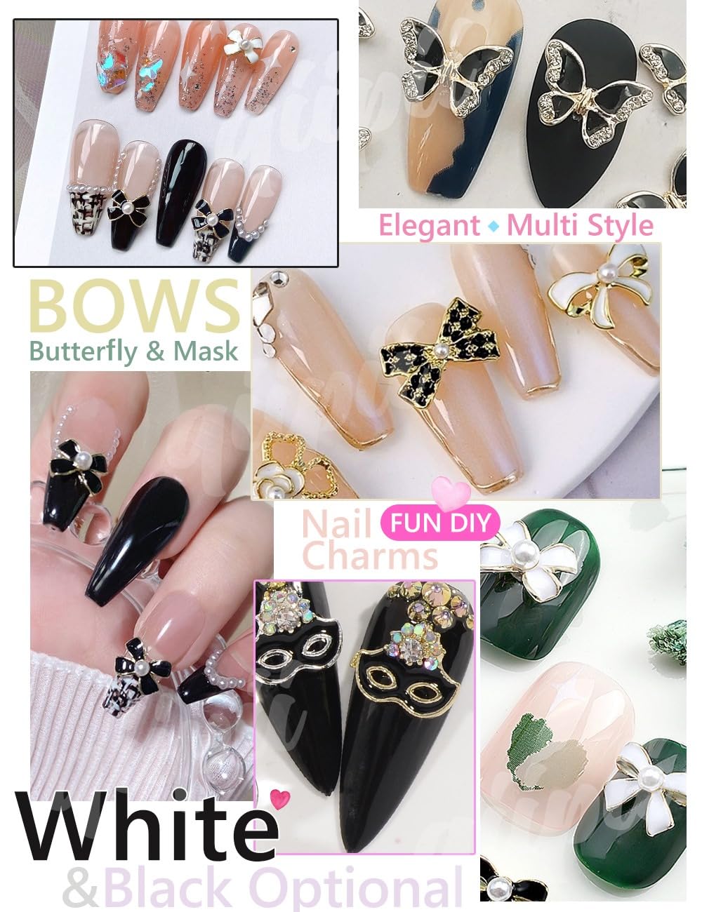 36Pcs Elegant Cute Charms for Nails Bow Butterfly Mask Luxury Kawaii Black White Rhinestones Pearls 3D Alloy Gems Cute Nail Art Charms for Acrylic Nails Face DIY Crafts Tumblers Bottles Shoes