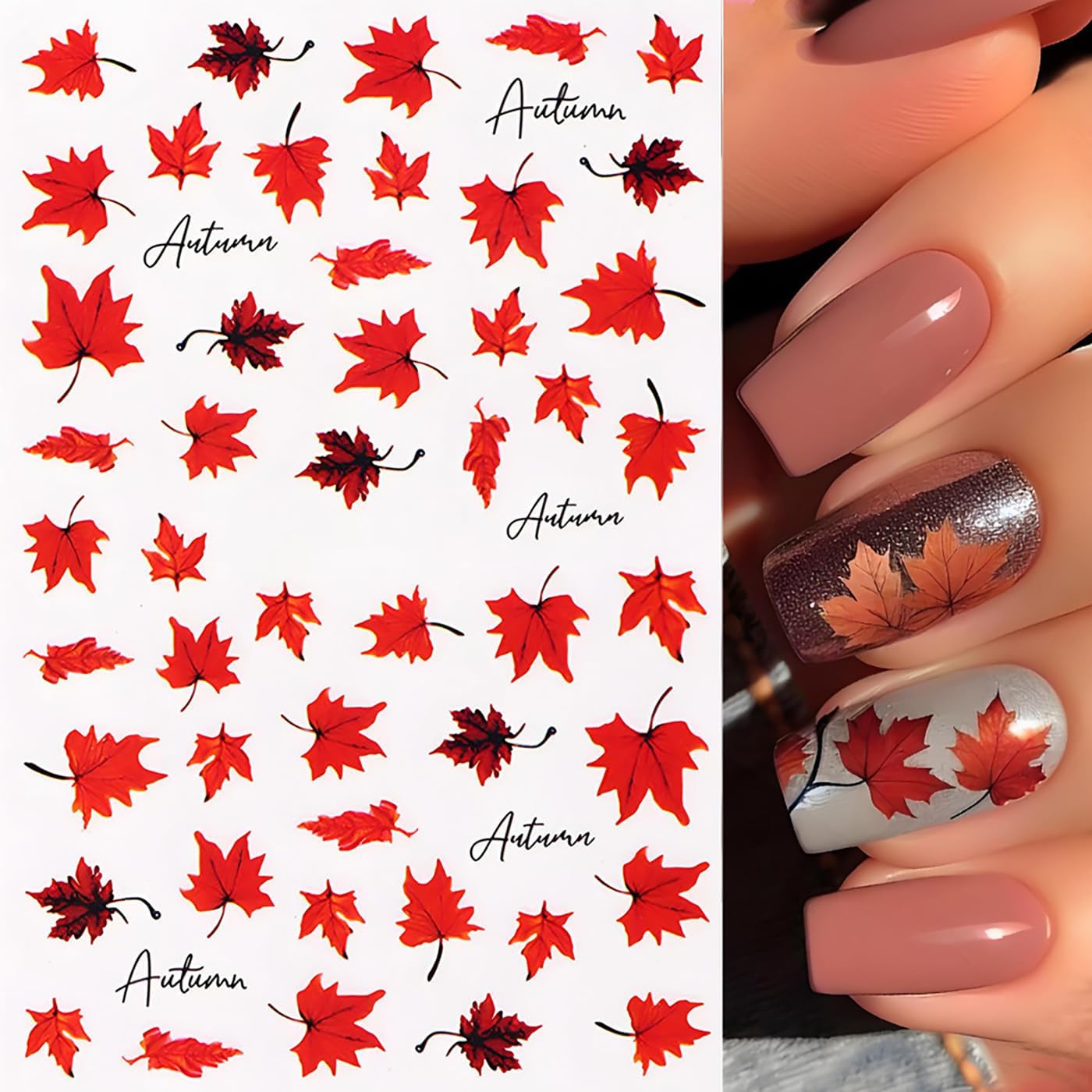 Fall Maple Leaves Nail Stickers for Thanksgiving, Fall Nail Art Decals 3D Self-Adhesive Cute Fox Pumpkin Bow Nails Stickers Nail Design 6Pcs Nail Art Supplies for Women Nail Decoration