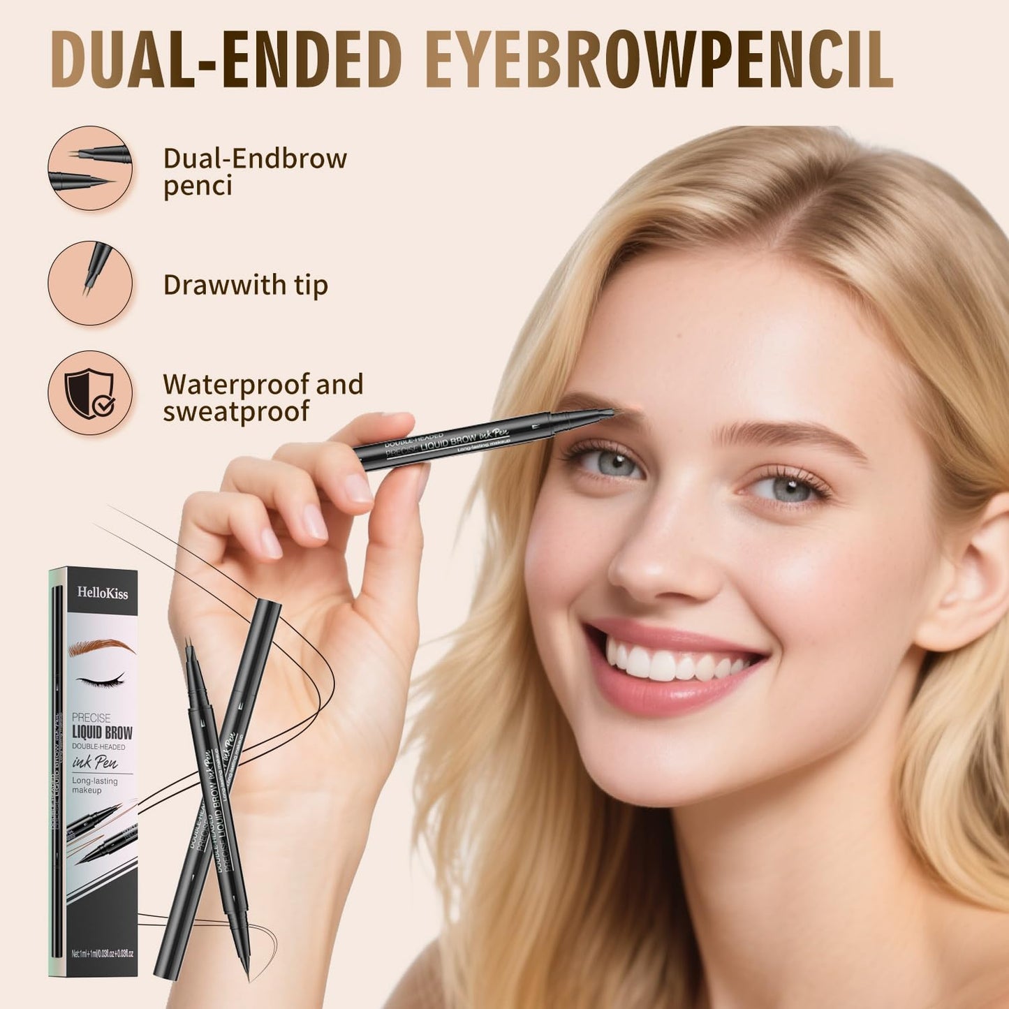 Eyebrow Pencil, Eyebrow Pen with Double-Brush Tip 2-in-1 Eyeliner Dual-Ended Microblading Long Lasting Waterproof Hair-Like Brow Pencil with Eyebrow Brush (Light Brown)