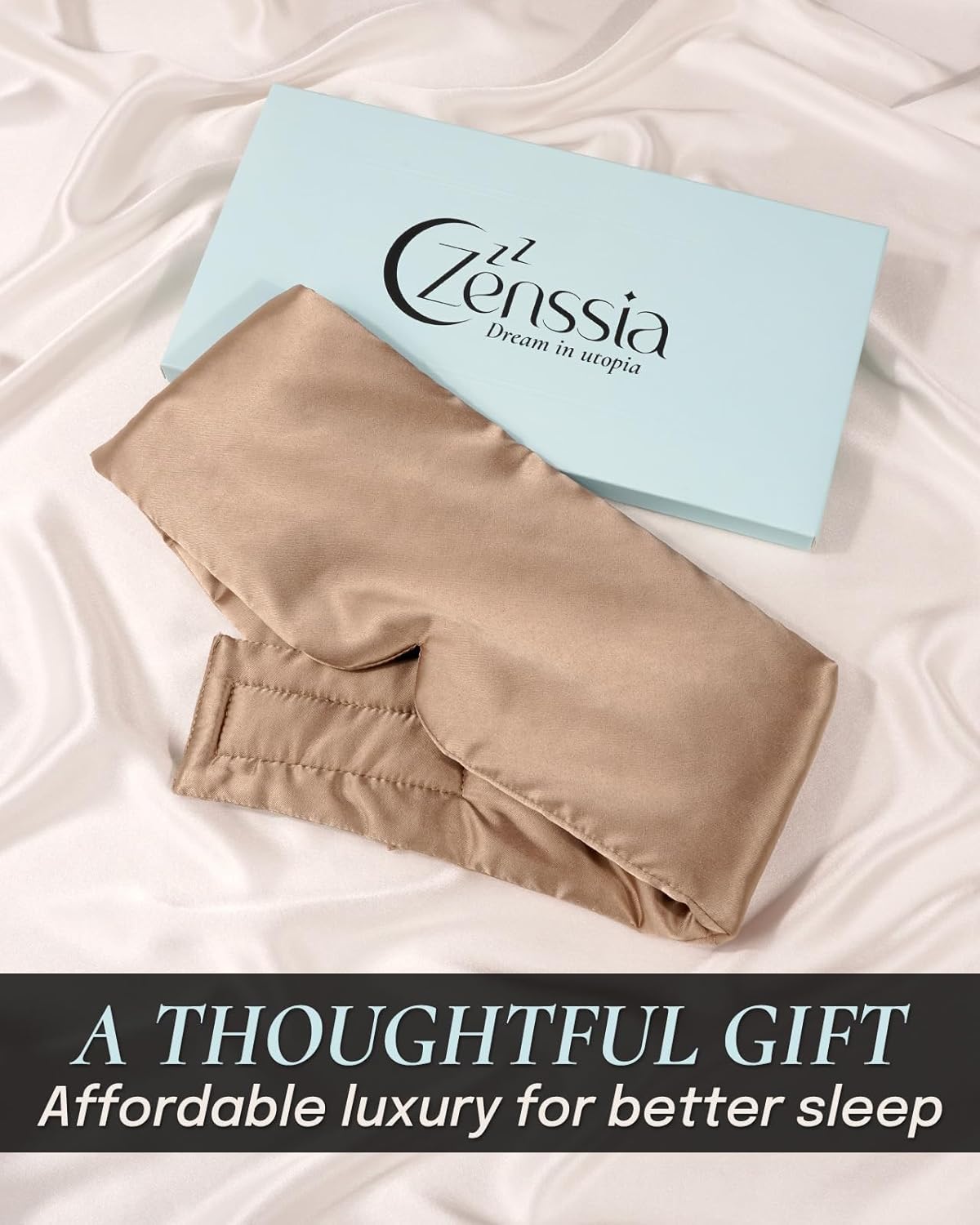 Zenssia Satin Sleep Mask for Women and Men, Lightweight Padded Eye Mask with Adjustable Strap, Comfort Blackout for Travel and Nap - Taupe