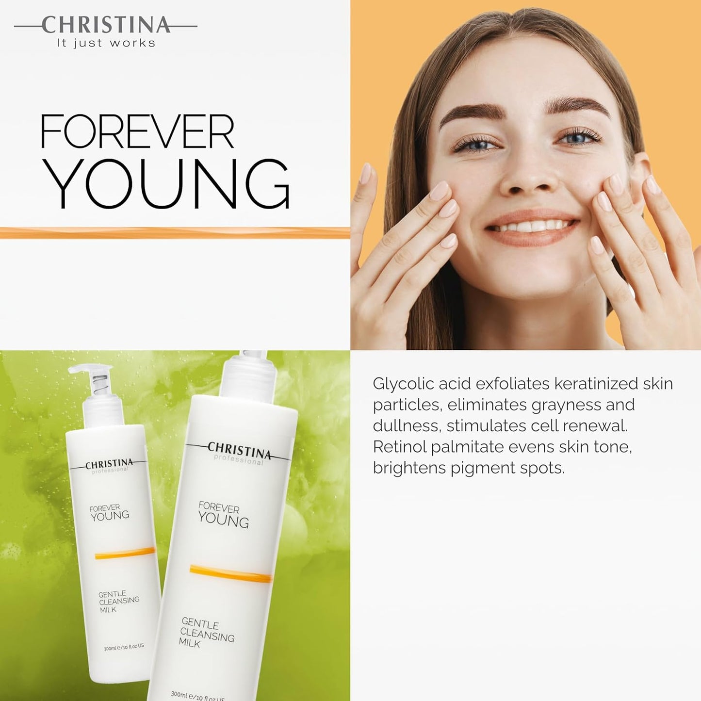 Christina Forever Young Gentle Cleansing Milk with Retinol for Face | Nourishing Formula with Glycolic Acid, Vitamin A, Vitamin E for Aging & Dry Skin | Suitable for ages 30-45+ | 24-Hour Care 300ml