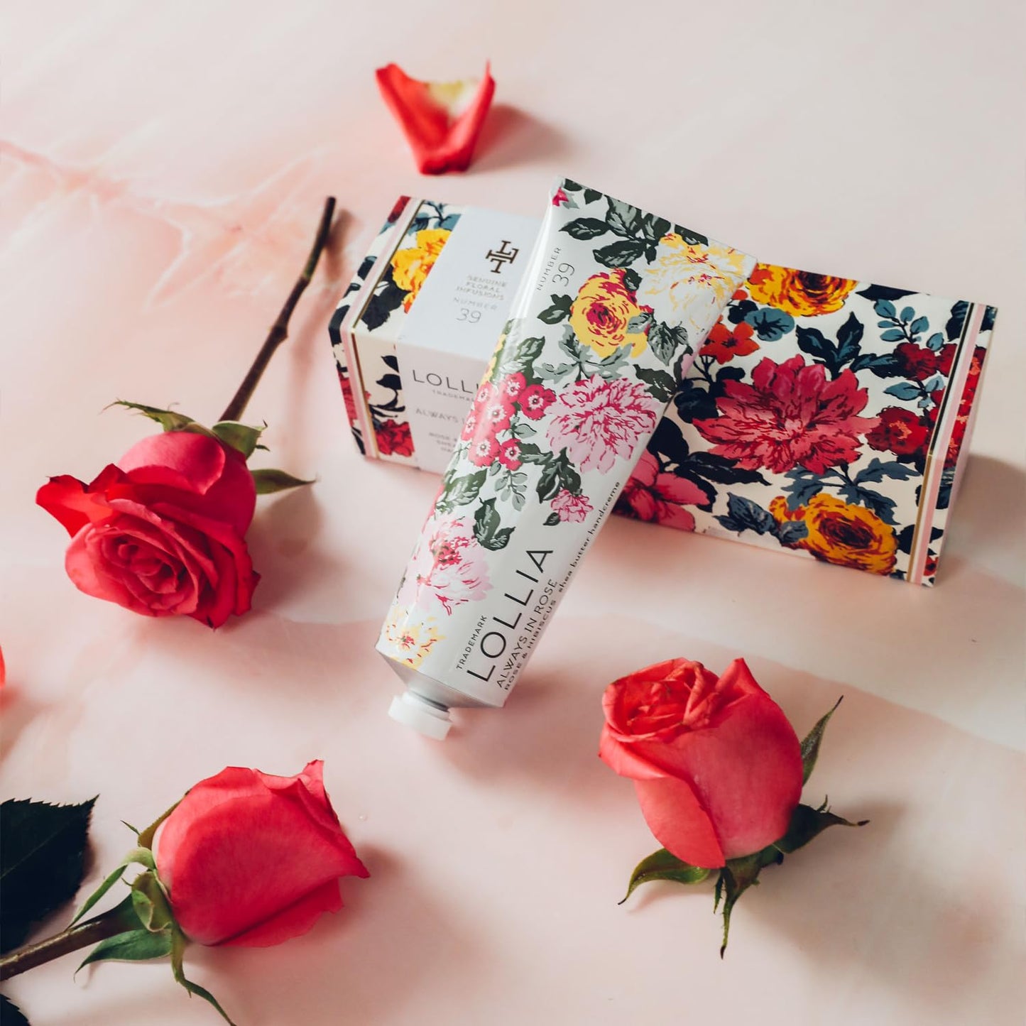 LOLLIA Always in Rose Handcreme, 4 oz., Rose & Hibiscus Scented Hand Cream for Women, Moisturizing Luxury Skin Care for Dry Hands with Shea Butter & Cocoa Butter, Quick Absorbing Lotion