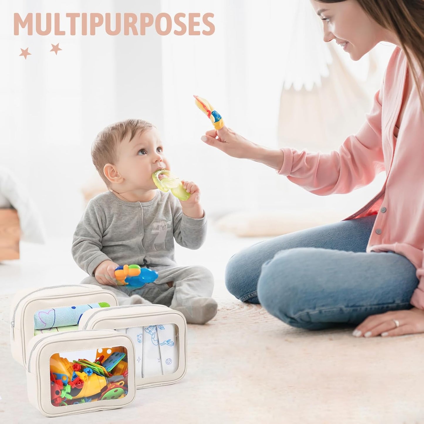 3PCS Clear Toiletry Bag,TSA Approved Travel Makeup Pouch with Zipper for Cosmetics and Toiletries,Diaper Bag Organizer Pouch Set,Women's Purse Organizer and Clear Car Bag