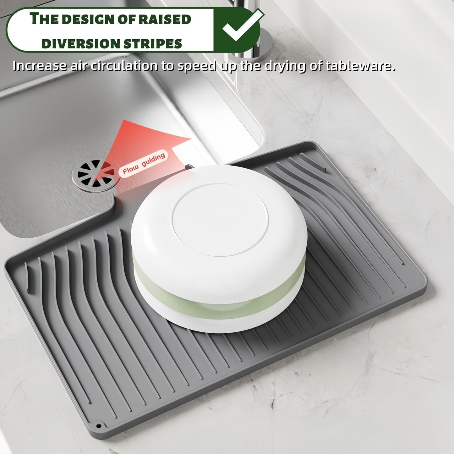 CIEO Silicone Dish Drying Mat for Kitchen Counter, Slope Fast Self-Draining, Non-Slip Drain Pad, Easy Clean Countertop Protection Mat, Multiple Use for Dishes Drying Rackļ¼18.9"x 13.58",Blackļ¼