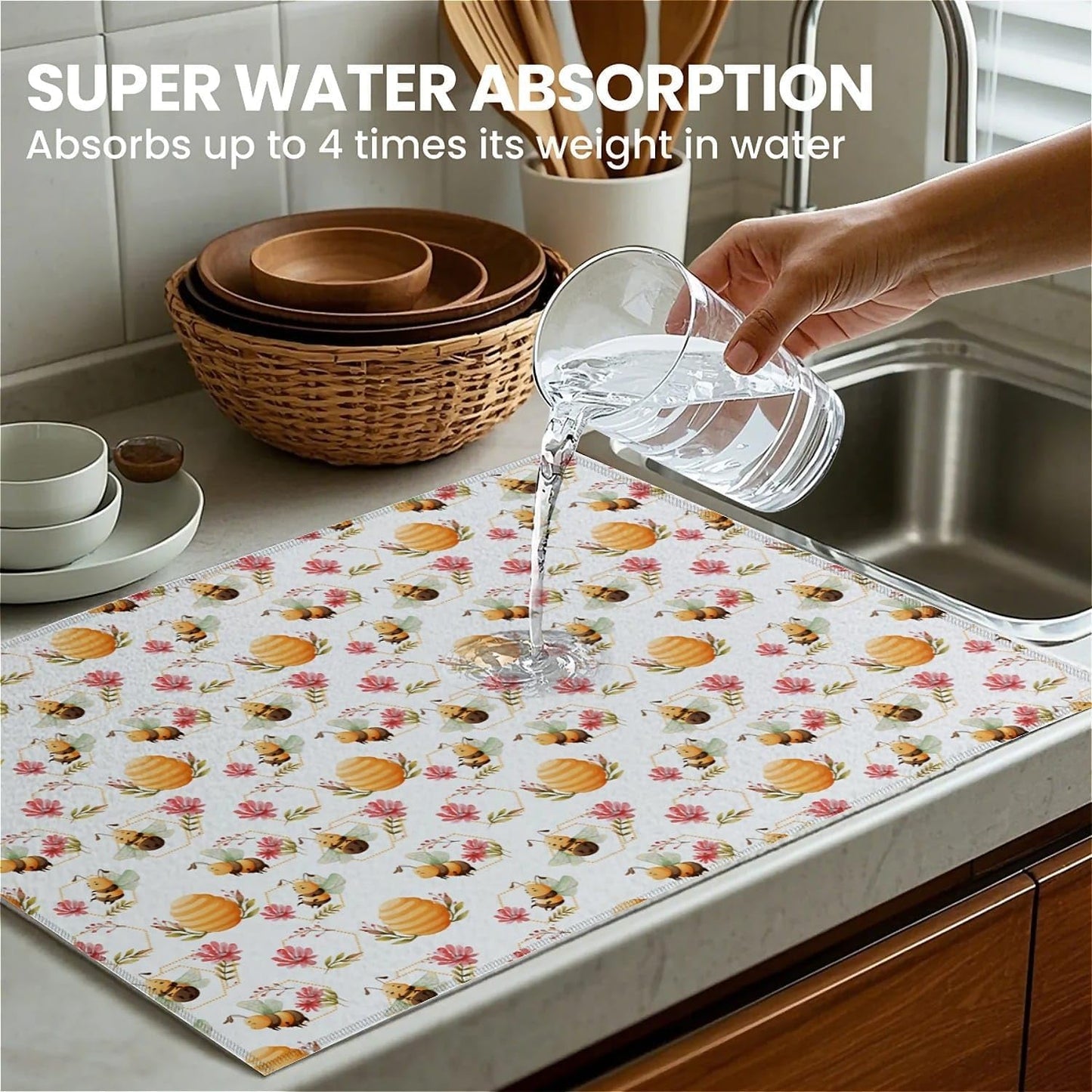 Dish Drying Mat For Kitchen Counter, Cute Bee Honeycomb Microfiber Absorbent Dish Drainer Rack Pad Reusable Large 18x24in Drying Mat