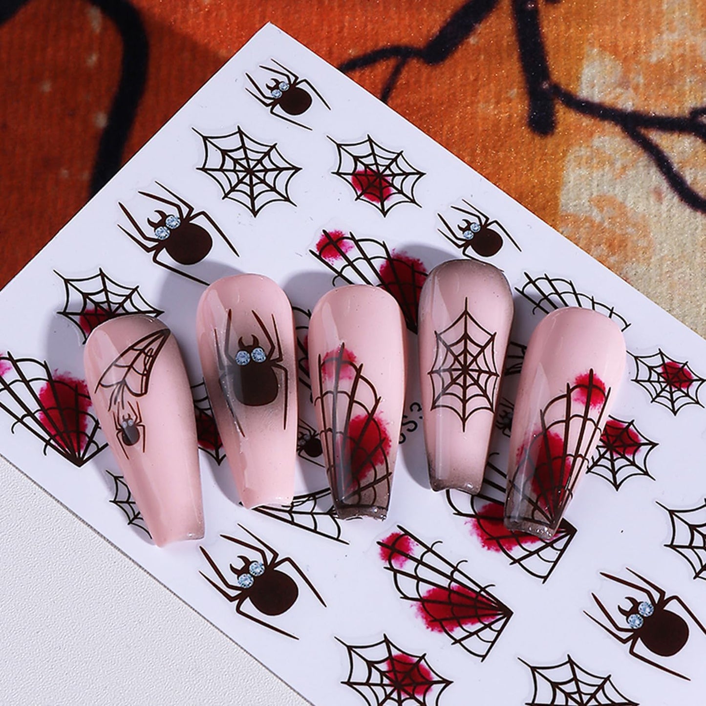 Red Black Halloween Nail Art Stickers Decal 5D Embossed Flower Spider Web Nail Stickers with Rhinestones Bow Blood Drop Nail Decals Self-Adhesive Spider Nail Art Decal for Women Halloween Decor