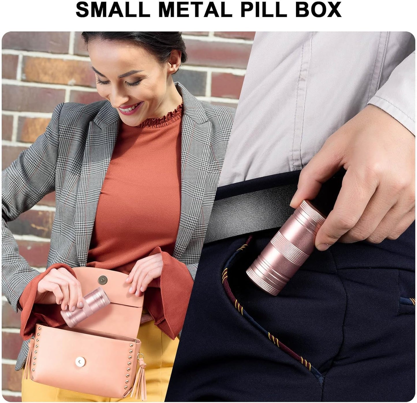 Metal Pill Box 2 Times a Day - Portable Waterproof Small Pill Case (AM PM), Travel Daily Pill Container, Compact Pill Holder Medicine Organizer for Pills/Vitamin/Fish Oil/Supplements, Black