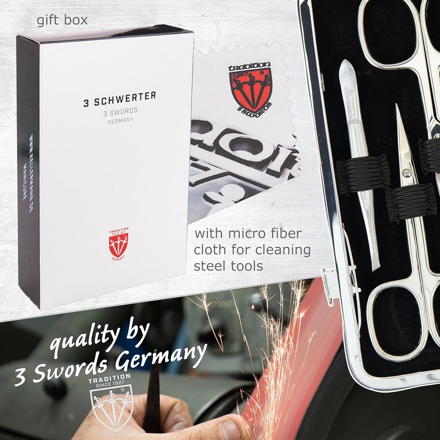 3 Swords Germany - brand quality 7 piece manicure pedicure grooming kit set for professional finger & toe nail care scissors clipper fashion leather case in gift box, Made by 3 Swords Germany (6318)