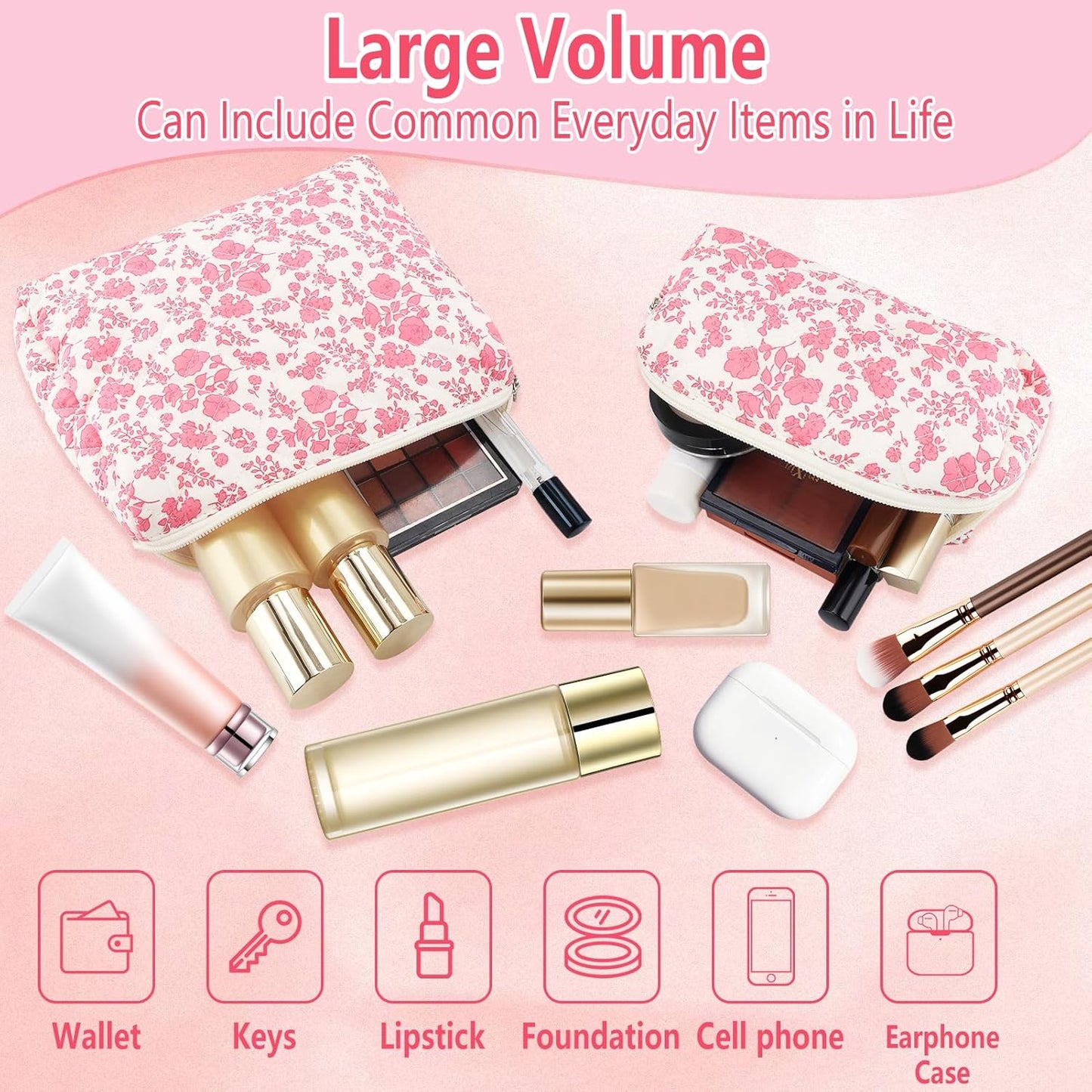2Pcs Quilted Makeup Bag Set Flower Cute Pencil Case Large Small Travel Makeup Pouch Set for Women Coquette Makeup Bag Aesthetic Cotton Cosmetic Bag Pink Toiletry Organizer Storage Bag Big Zipper Pouch