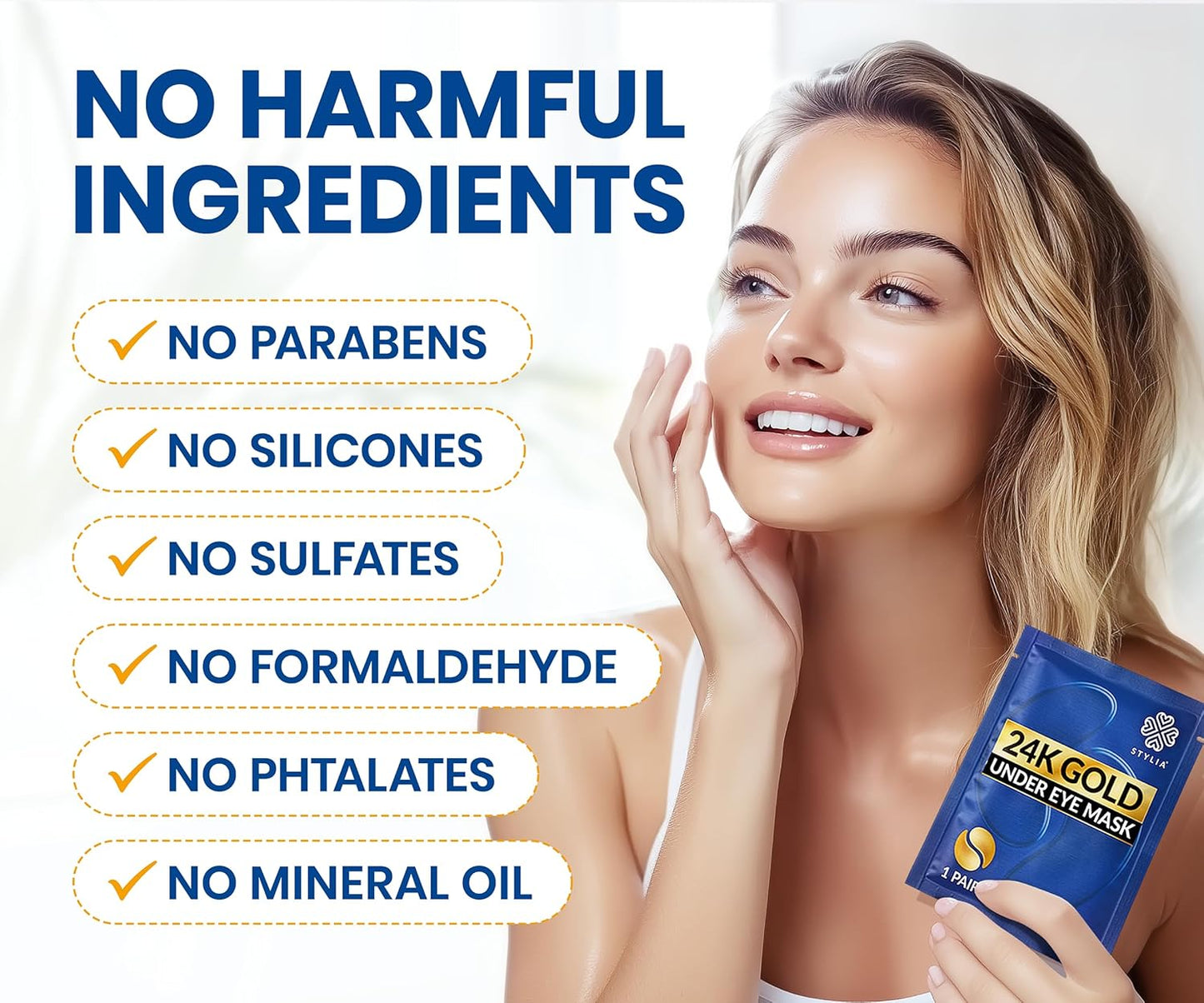 Stylia Under Eye Patches for Puffy Eyes and Dark Circles (30 Pairs) - 24k Gold Under Eye Mask with Vitamin C, Hyaluronic Acid, Pearl Extract - Eye Masks for Dark Circles and Puffiness