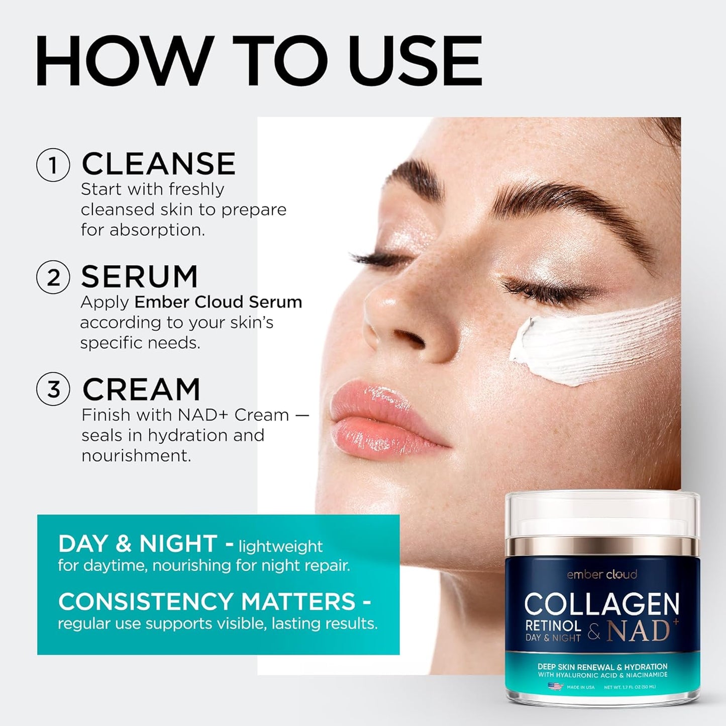 Collagen NAD+ Cream for Face Retinol Hyaluronic Acid Niacinamide for All Skin Types - Anti-Aging Face Moisturizer with Airless Pump - Day & Night Cream for Wrinkles - Made in USA 1.7 Oz