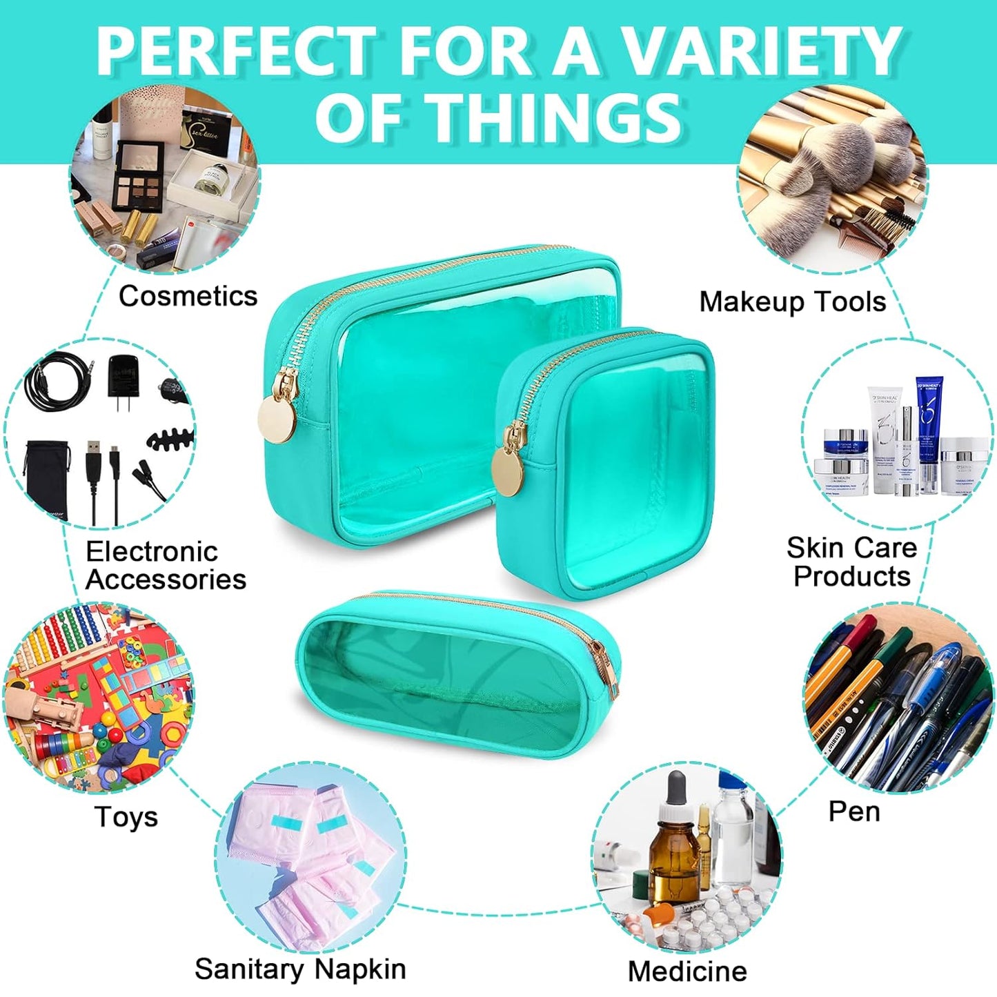 Clear Small Pencil Pouch Makeup Bag for Purse,Nylon&PVC Pencil Case Waterproof Makeup Brush Holder with Zipper,Preppy Transparent Pen Bag Cosmetic Bag for Women Men Office(Slim-Mint Green)