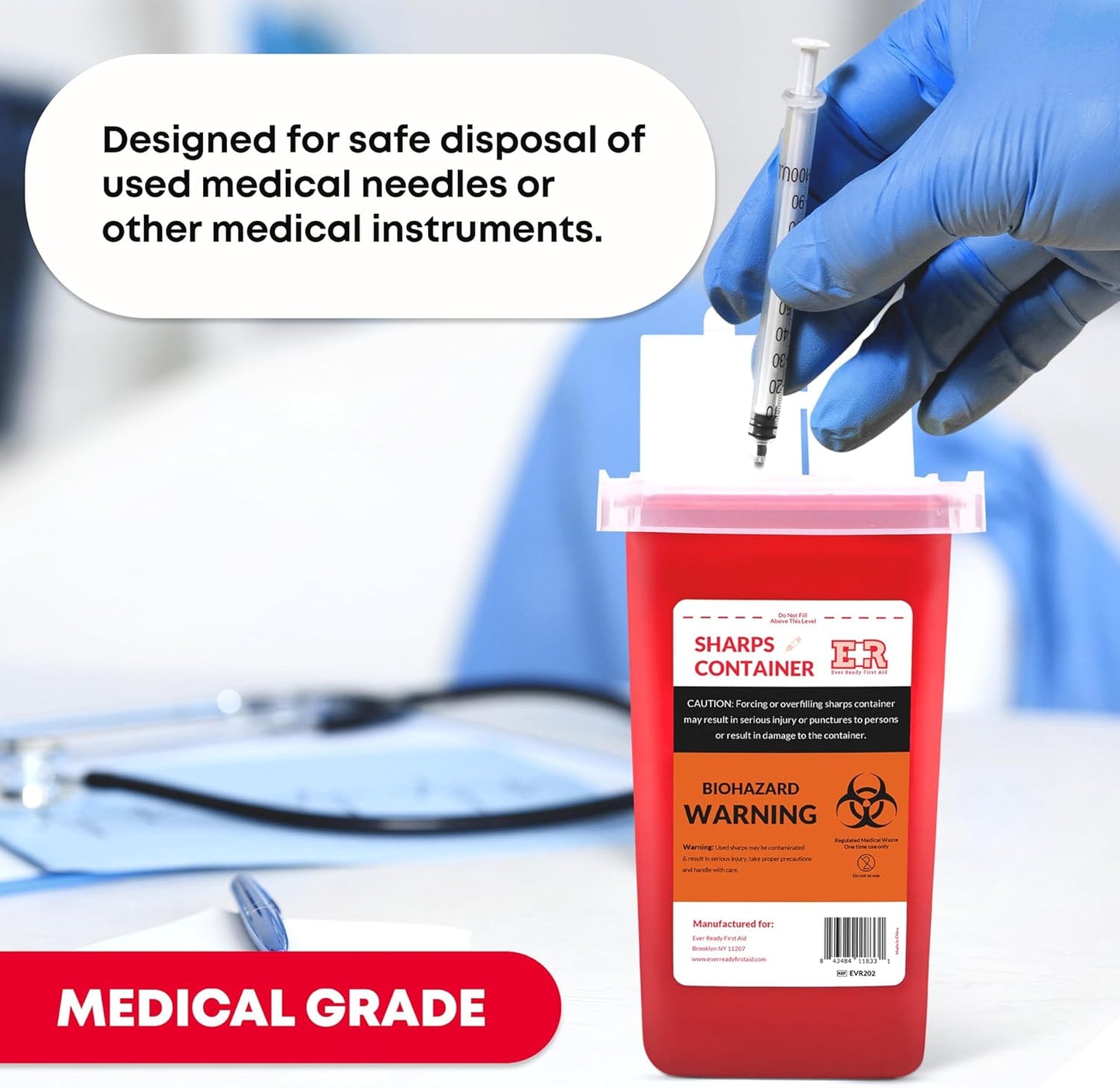 Ever Ready First Aid Sharps Container with Split Lid Design and Locking Mechanism for Sharp Waste Disposal, 1 Quart - 24 Count