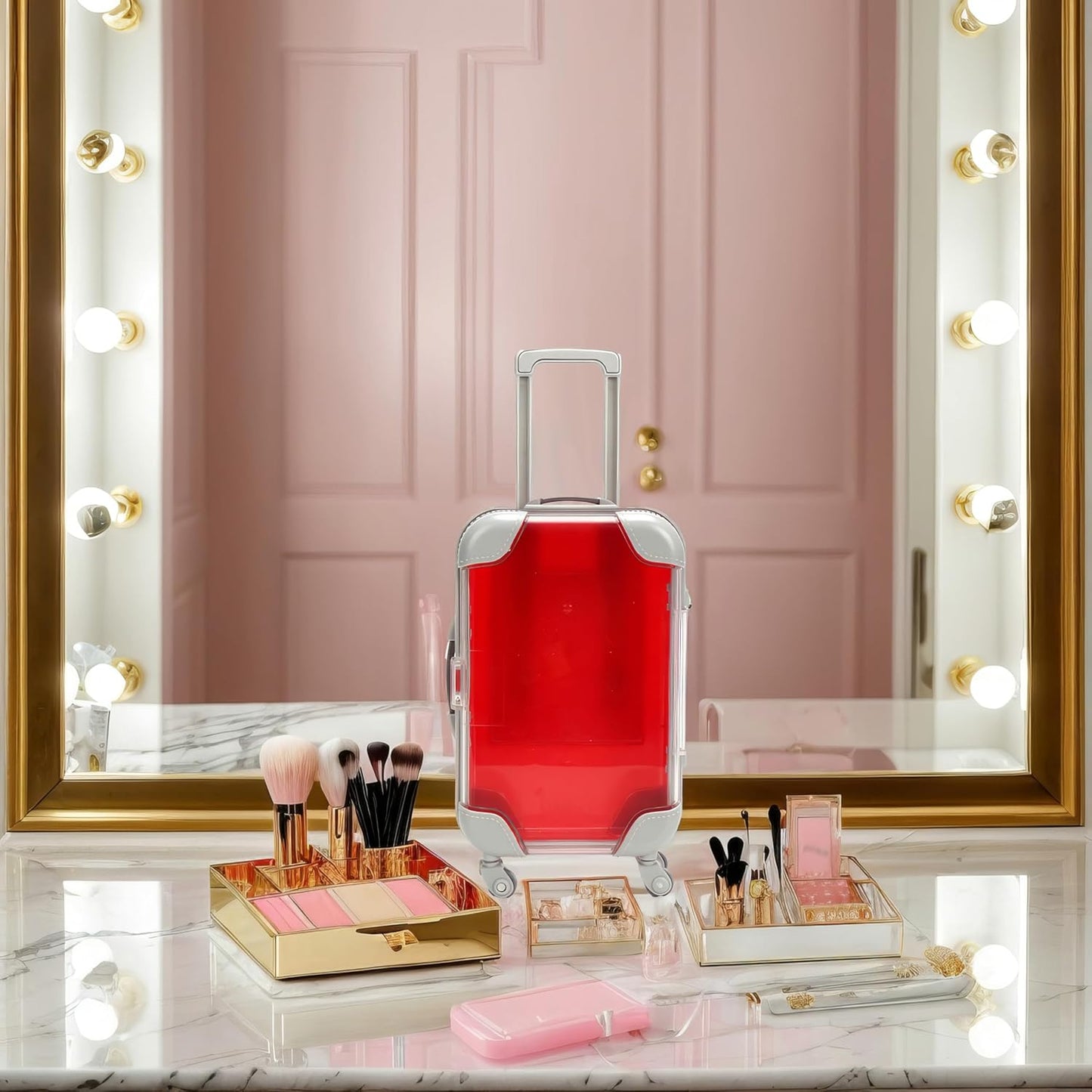 False Eyelash Storage Box, Portable Travel Organizer Mini Luggage False Eyelash Tray Makeup Tool (RED)