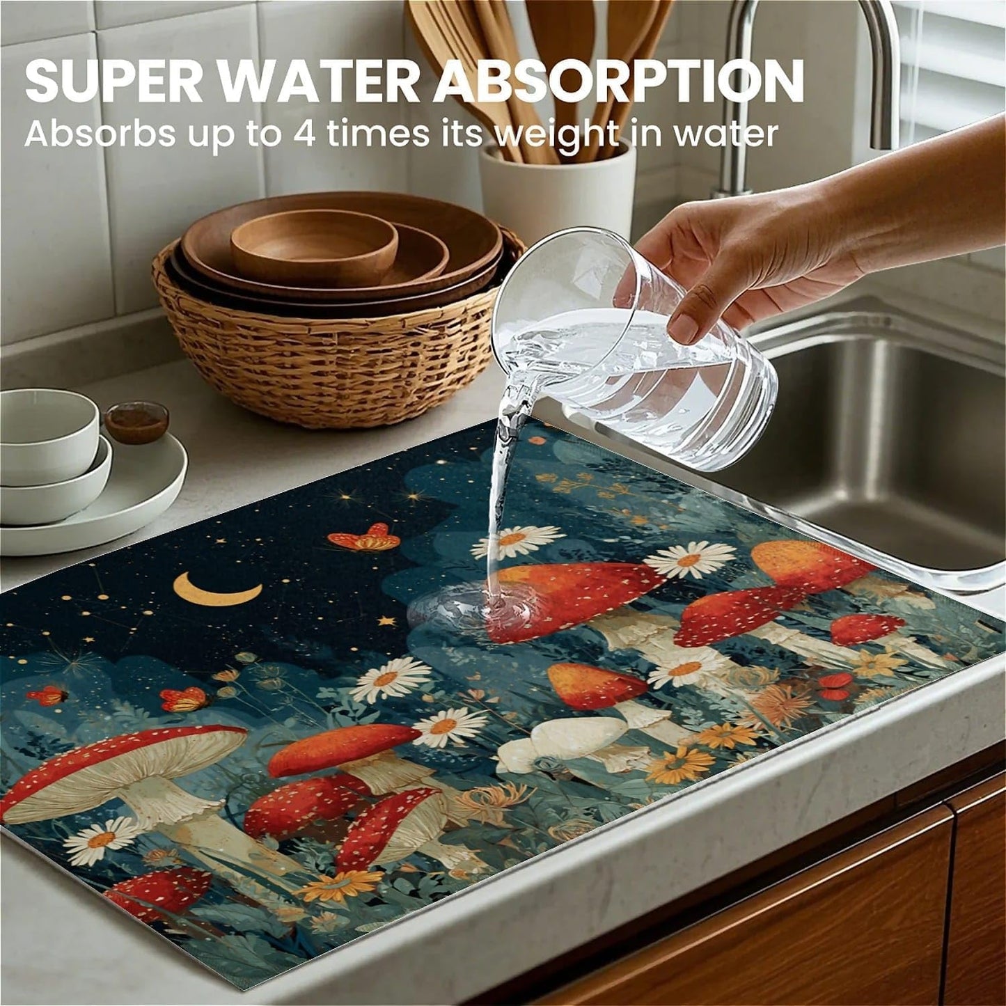 Dish Drying Mat For Kitchen Counter, Black Mushroom Microfiber Absorbent Dish Drainer Rack Pad Reusable Large 18x24in Drying Mat