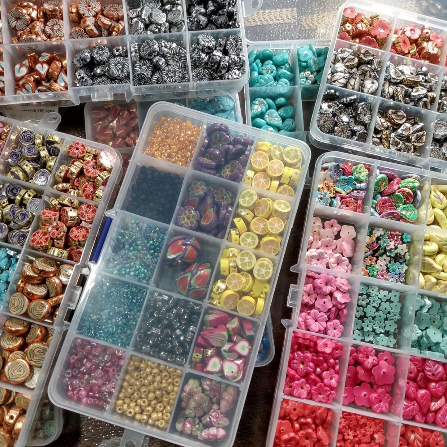 KINJOEK 32 Pack 15 Grids Plastic Bead Organizer Containers Storage, Adjustable Dividers Diamond Jewelry Craft Painting Storage Case, Clear Small Fishing Tackle Box for Sewing Cross Stitch Accessories