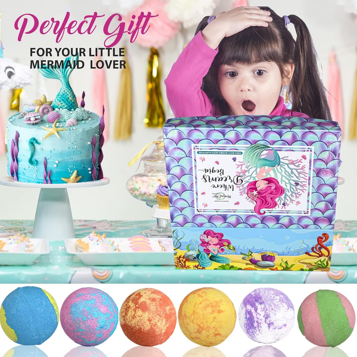 Bath Bombs for Kids with Surprise Inside, Mermaid Bath Bombs for Girls with Jewelry & Jewelry Box for Kids Organic, Skin Moisturizing, Natural Bubble, Birthday Gifts for Boys, Girls