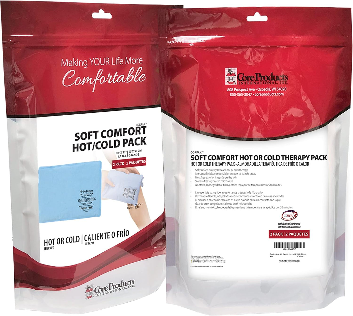 Core Products Soft Comfort CorPak, No Frost Hot and Cold Therapy Pack - 10" x 13", Made in The USA- 2 Pack