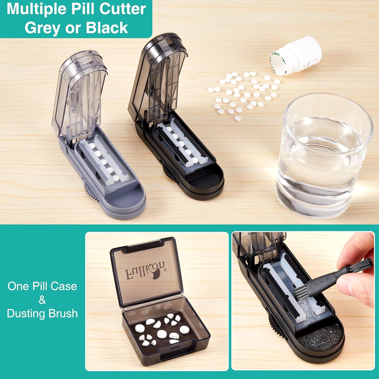 Fullicon Pill Cutter, Adjustable Cutter with precision alignment, Stainless Steel Blade & Guard, Splitter with Free Brush & Pill Box (Black)