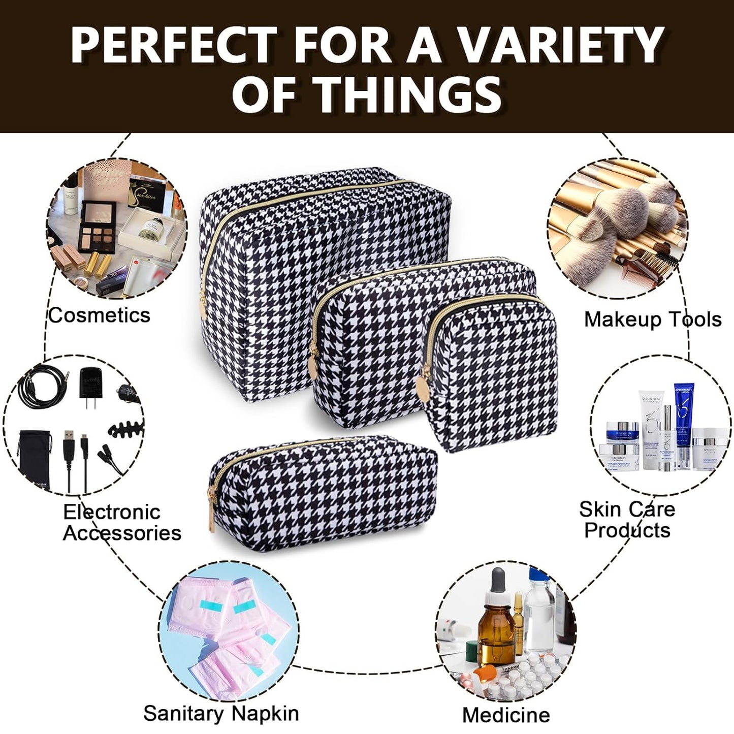 Mini Makeup Pouch for Purse, Small Cosmetic Bag Pouch Nylon Travel Toiletry Organizers for Women Girls, Cute Storage Zipper Pouch Coin Purse for School Work Camping(Mini-Houndstooth)