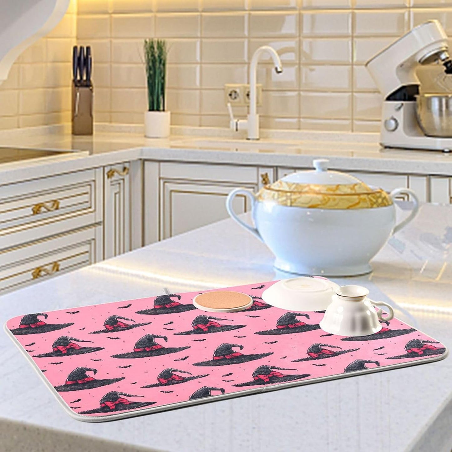 Witch Bow Hot Pink Dish Drying Mat for Kitchen Countertop 18x24 Halloween Bowknot Bat Large Drying Mat Reusable Quick Dry Dish Sink Mats Easy Clean Decorative Essentials
