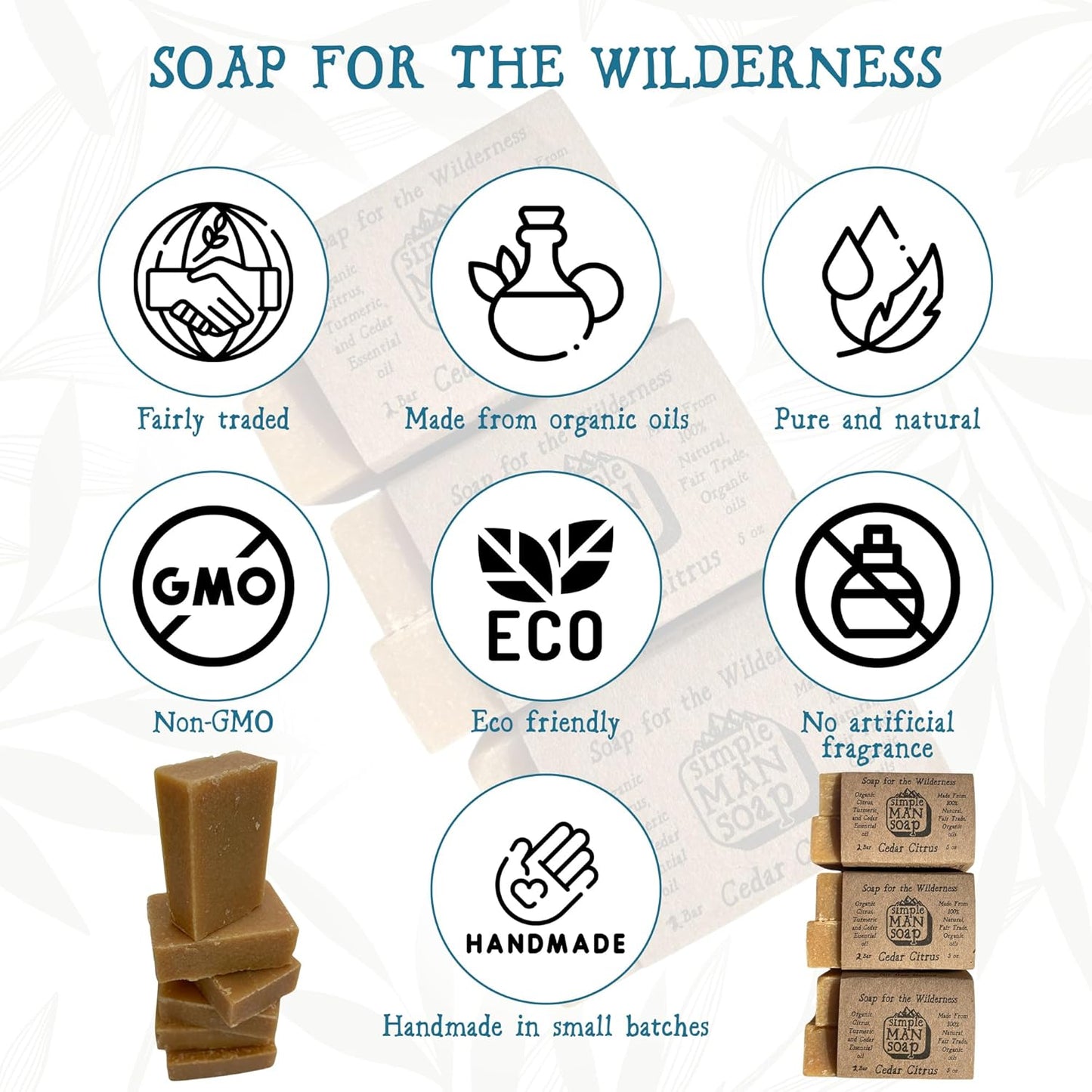 SimpleMan Soap Bar (Cedar Citrus) - Men’s soap with Organic & Fair Trade Essential Oils - All Natural, Handmade Man Bath Soap Bars-Pack of Six 2.5 Ounce bars(15 Ounces Total)