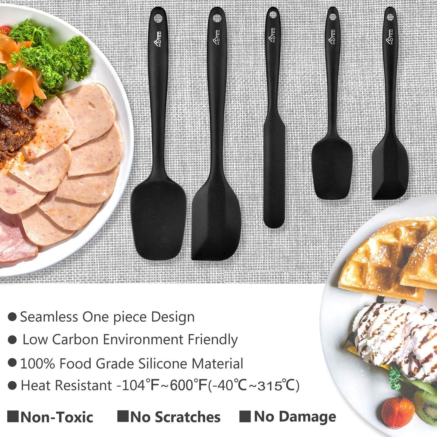 HOTEC 600℉ Heat Resistant BPA-Free Silicone Rubber Spatula Set,Kitchen Cooking Spatulas, Baking, Mixing for Non Stick Cookware, Dishwasher Safe, Black Set of 5