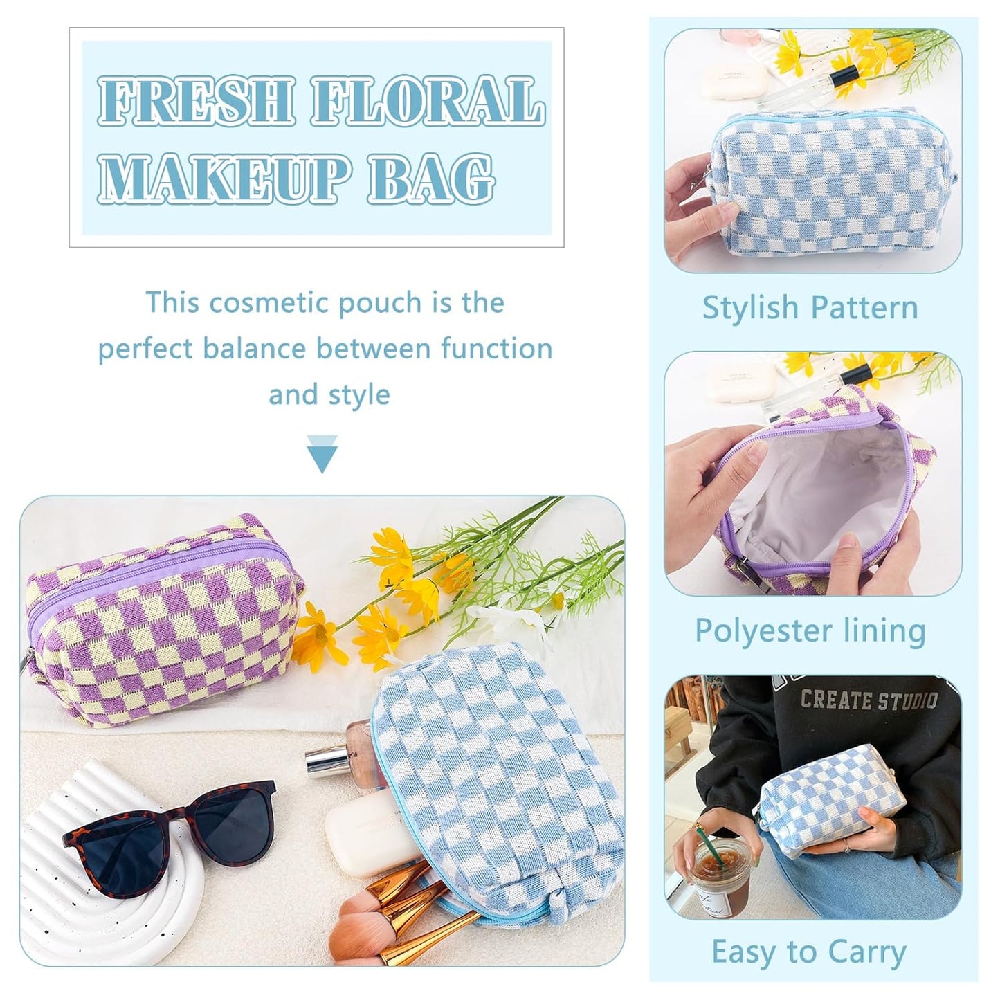 ZLFSRQ 2Pcs Checkered Pencil Case Cute Pencil Pouch for Teens Checkered Makeup Bag Medium Travel Cosmetic Bag Preppy Makeup Pouch for Purse Aesthetic Zipper Toiletry Bags Organizer(Blue/Purple)