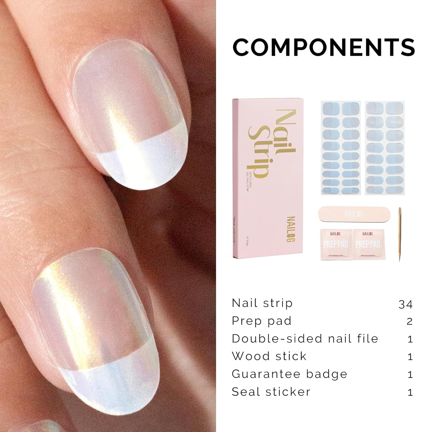 Semi Cured Gel Nail Strips - NAILOG 34 Pcs French Clear Glitter Nail Stickers Extra Long Wraps with Glossy Gel Finishing, Magic Aura
