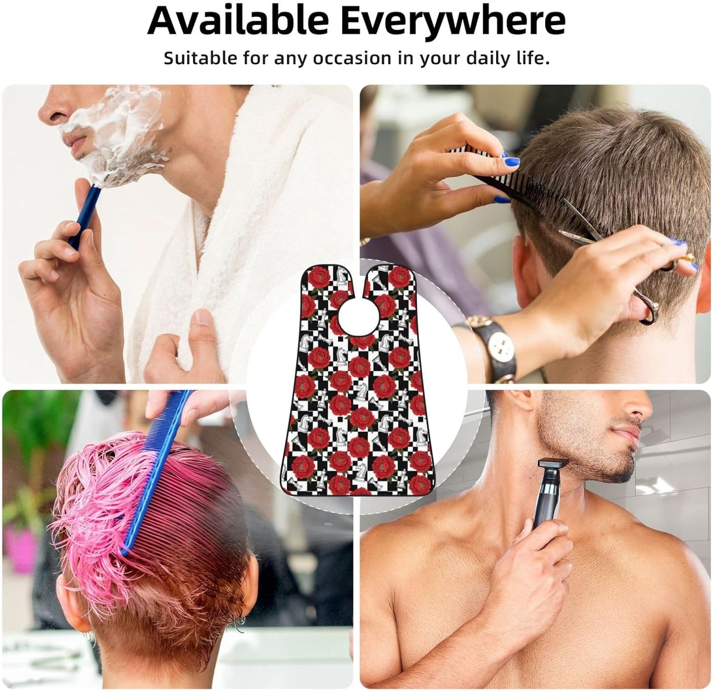 Beard Hair Catcher for Men, Waterproof Shaving Bib Apron Non-Stick, Trimming Tool for Dad Husband, Red Peony Flowers Black White Chess Checkered Horse Floral Shave Bib