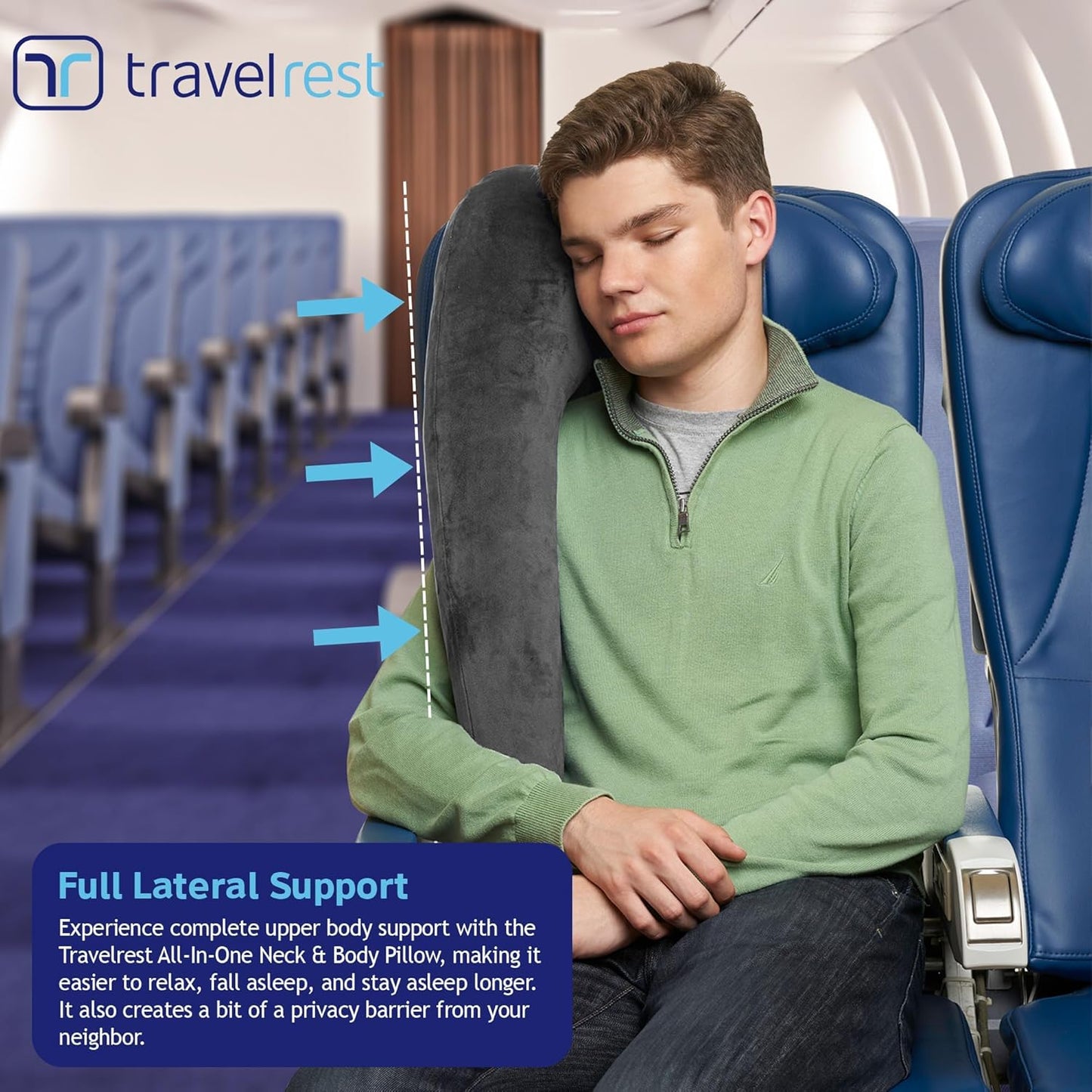 TRAVELREST All-in-One Neck & Body Pillow - Advanced Support and Comfort Design, Travel Essentials, Memory Foam, Inflatable, Airplane & Car Seat, Sleeping on Long Flight & Trips, Travel Pillow - Grey