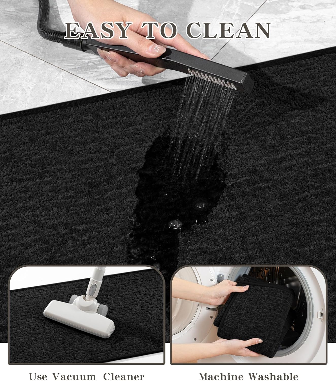 chakme Bathroom Rug Sets 5 Piece, Ultra Thin Bath Mat Quick Dry Bath Mat, Absorbent Bath Mat for Bathroom Non Slip Machine Washable, (Black)