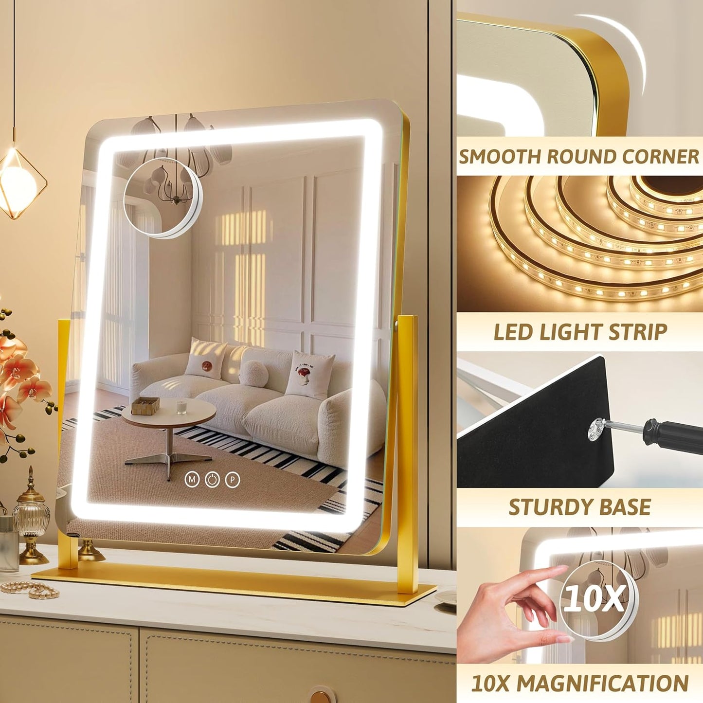 Vanity Mirror with Lights, 18"x22" LED Makeup Mirror with 10X Magnification, Smart Touch 3 Colors Dimmable, Light Up Mirror for Makeup Desk, 360° Rotation, Gold