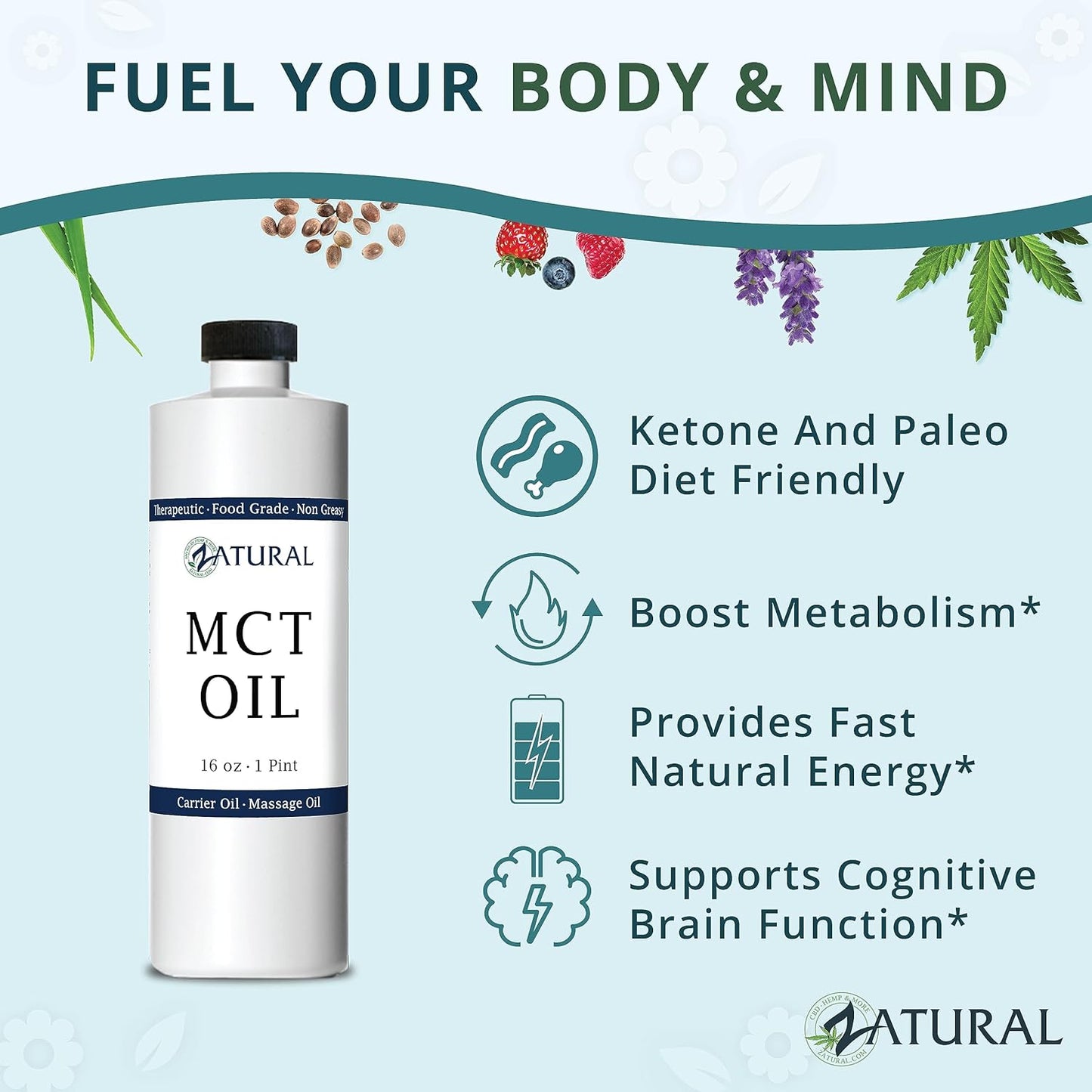 Pure MCT Oil, Carrier Oil, Massage Oil, Hydrating Oil, Hair Oil, Food and Therapeutic Grade, 16 Oz