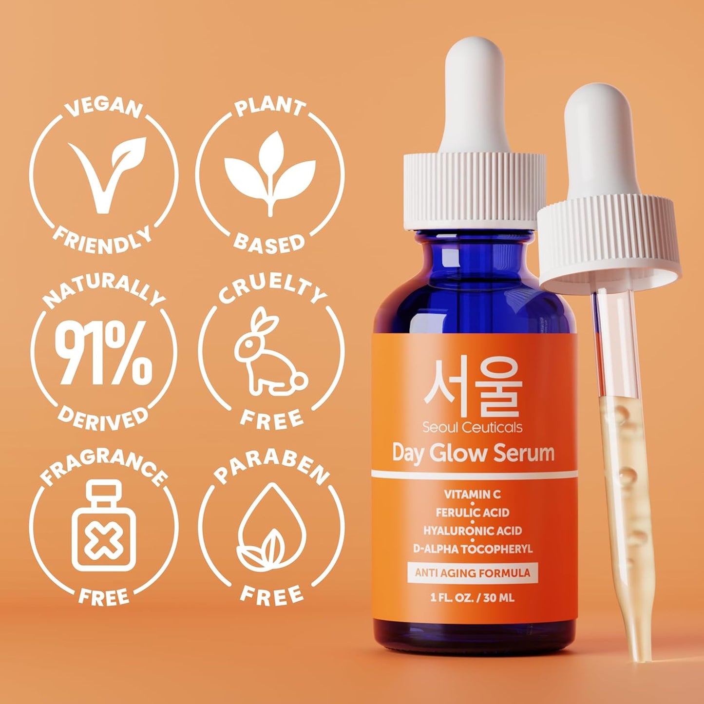 SeoulCeuticals Korean Skin Care 20% Vitamin C Hyaluronic Acid Serum + CE Ferulic Acid - Potent Anti Aging, Anti Wrinkle Korean Beauty 1oz