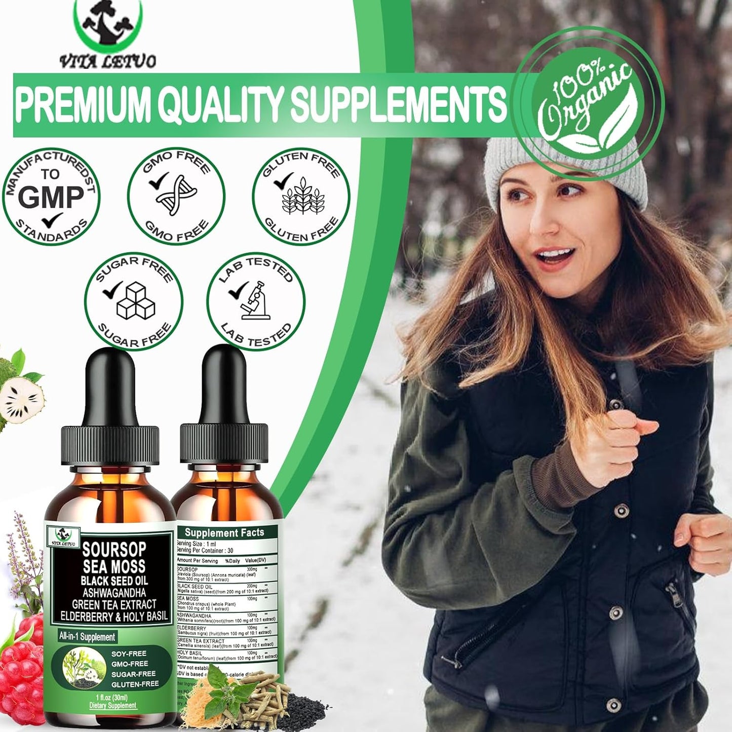 Soursop Drops,Soursop Bitters Liquid with Sea Moss Black Seed Oil Green Tea Extract Ashwagandha Elderberry Holy Basil-Multimineral&Vitamins Superfood Drops for Immune&Digestive & Cell Support