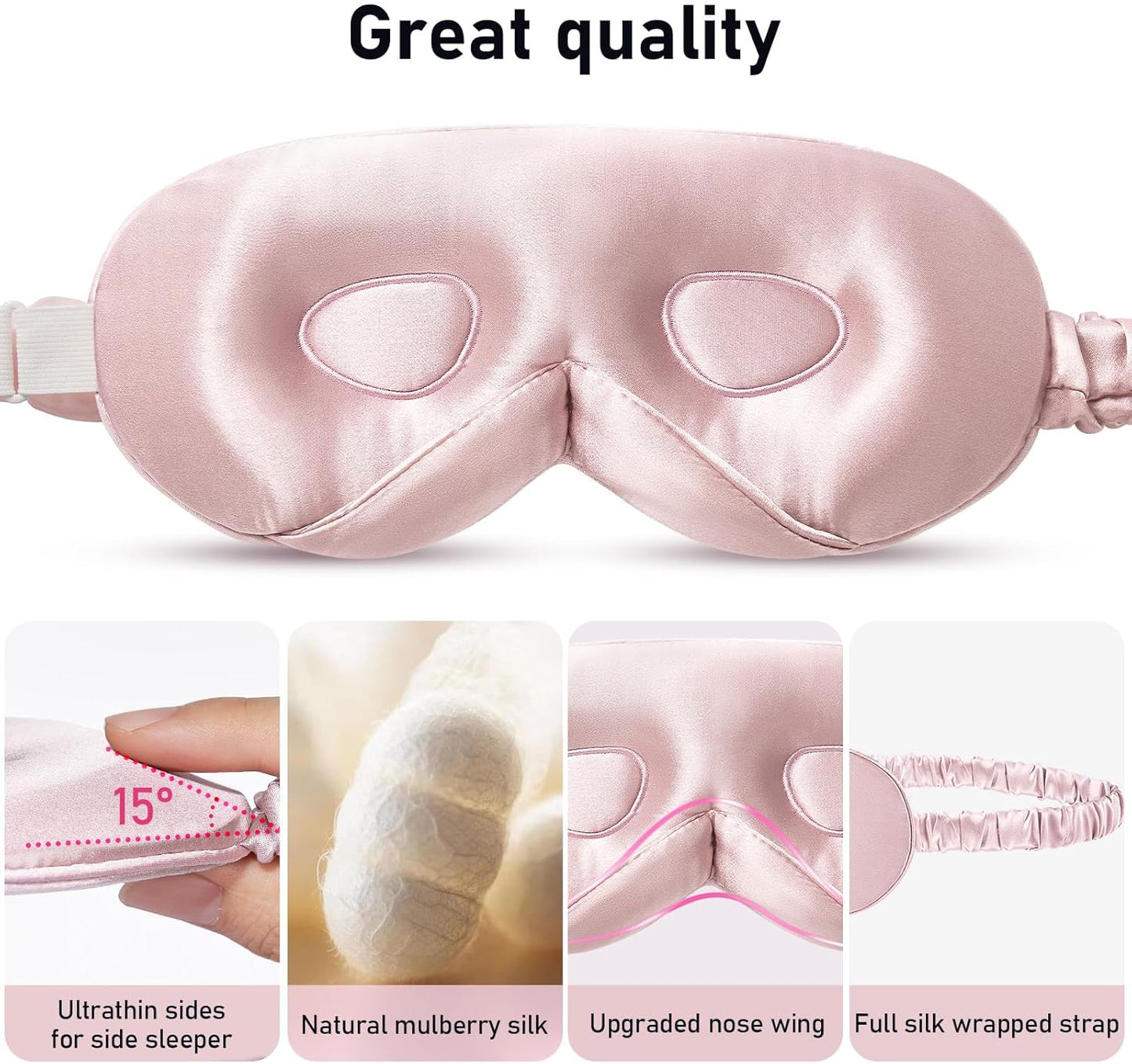 LitBear 100% 22 Momme Mulberry Silk Sleep Mask - 3D Contoured Eye Mask for Men Women, Soft Breathable Sleeping Mask with Adjustable Strap, Perfect Blocks Light for Sleeping (Pink)