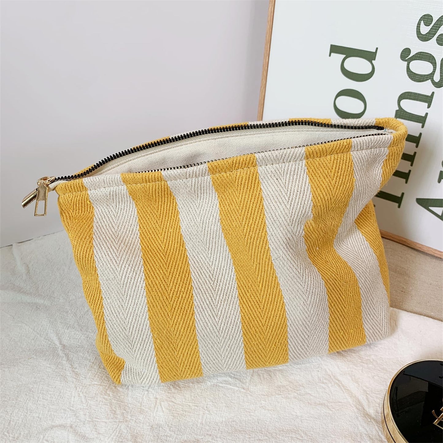 Yellow Striped Makeup Bag for Women, Canvas Cosmetic Bag, Travel Pouches for Purse(10.6" * 7.1" * 2.8"), Zipper Make Up Pouch,Perfect for Storing Makeup And Accessories, Daily Makeup Organizer Gifting