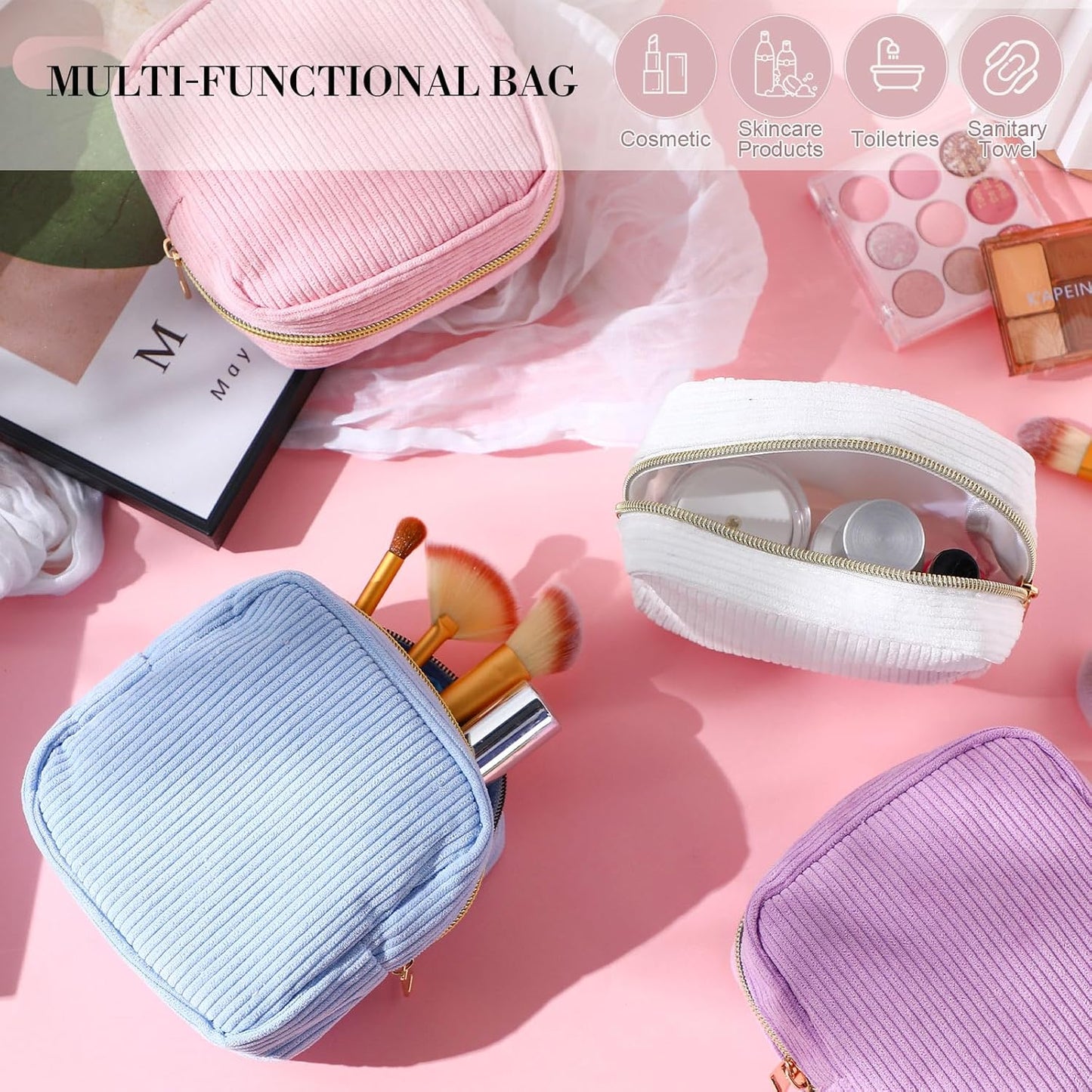 4 Pcs Sanitary Napkin Storage Bag Corduroy Period Bag for School Teen Mini Makeup Preppy Cosmetic Wallet Set for Women Portable First Period Pouch with Zipper Cute Pad Pouch