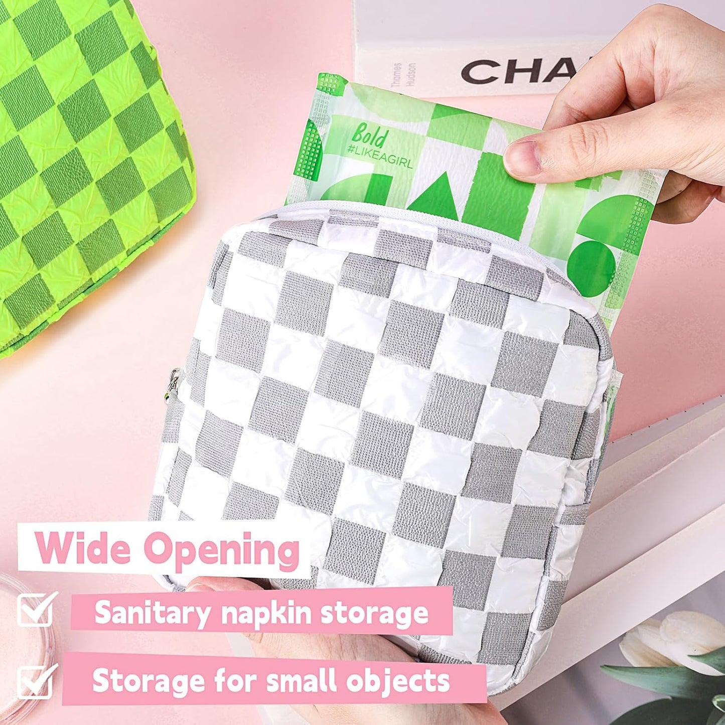 Desing Wish Sanitary Napkin Storage Bag Polyester Fabric Period Bag for Teen Girls Sanitary Pad Pouch for Sanitary Napkins/Tampons/Panty Liners Privacy Protector Pad Bag (Bubble-Check, Black)