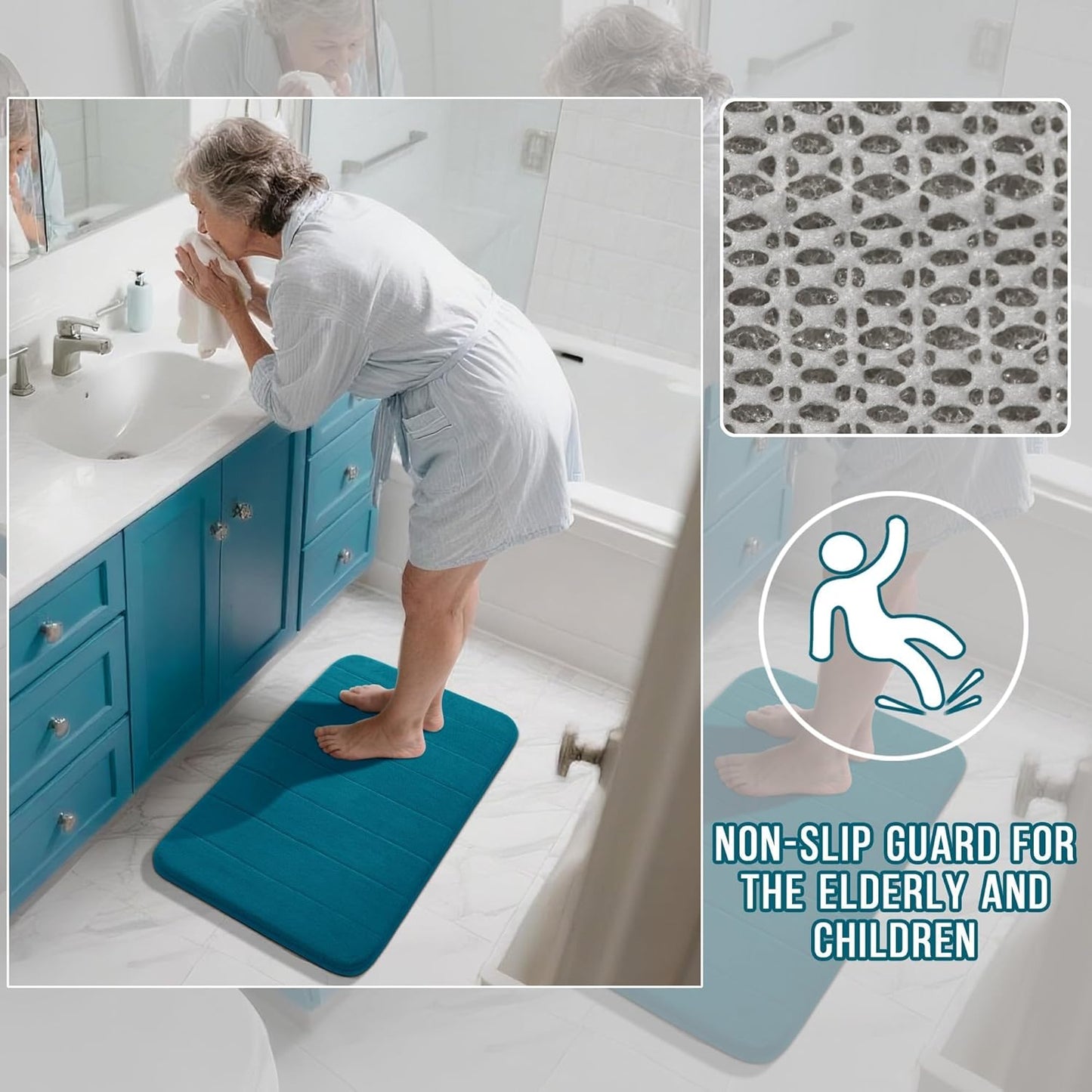 Yimobra Memory Foam Bath Mat, Super Soft Absorbent Bathroom Rug Non Slip 24x17 Inch, Quick Dry, Machine Washable Floor Carpet for Tub Shower, Home Decor Accessories, Peacock Blue