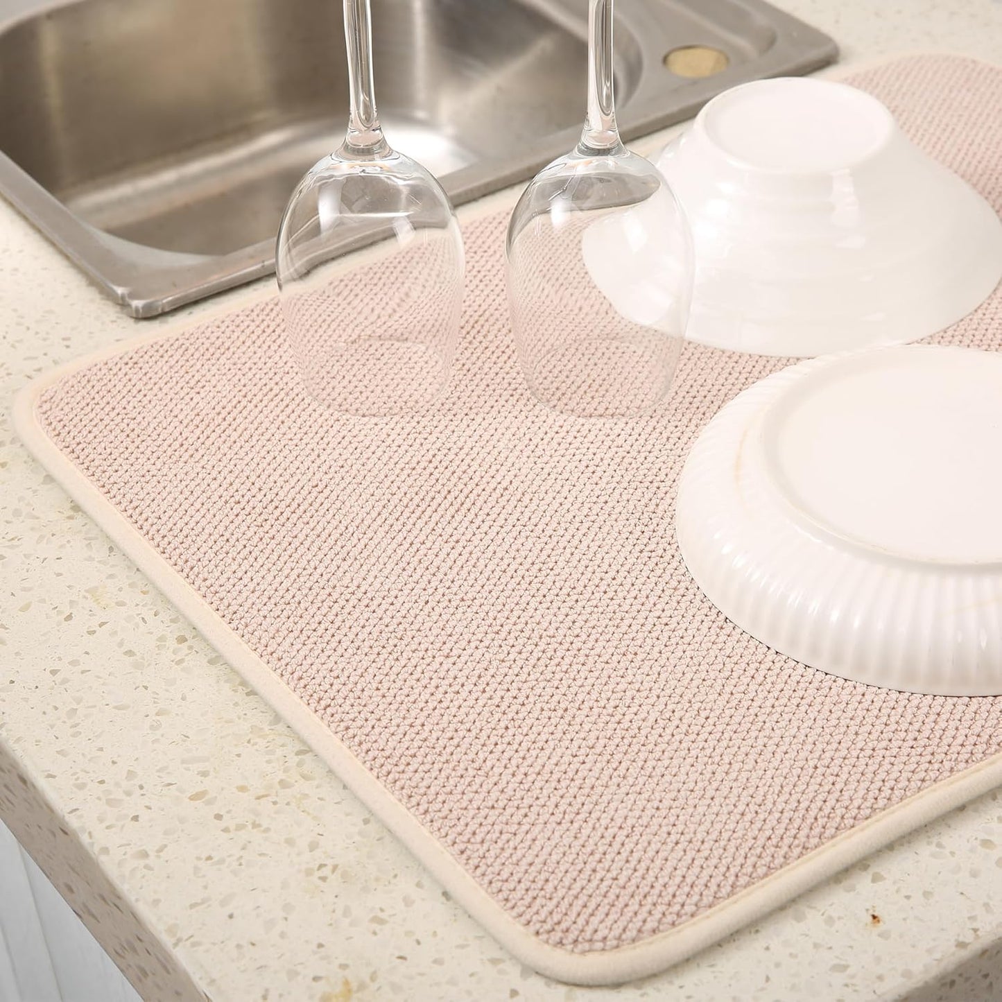 2 Pack Microfiber Dish Drying Mat for Kitchen Counter,Ultra Absorbent Dish Drainer Mat ,Dish Drying Pad ,Dish Rack Mat 20×15 Inch (Beige)